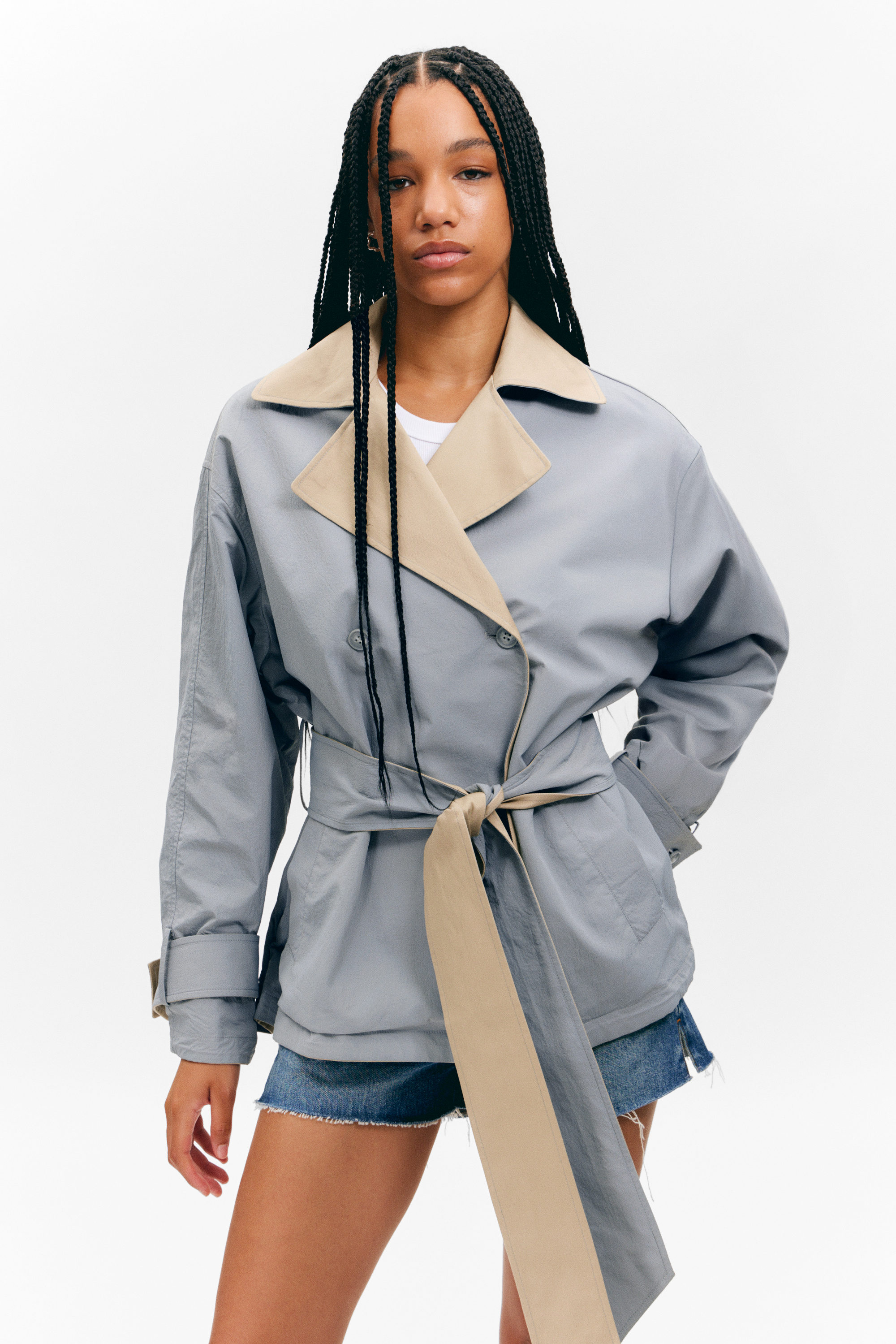 Beige & Light Grey - Short Double-Breasted Reversible Trench Coat - 2