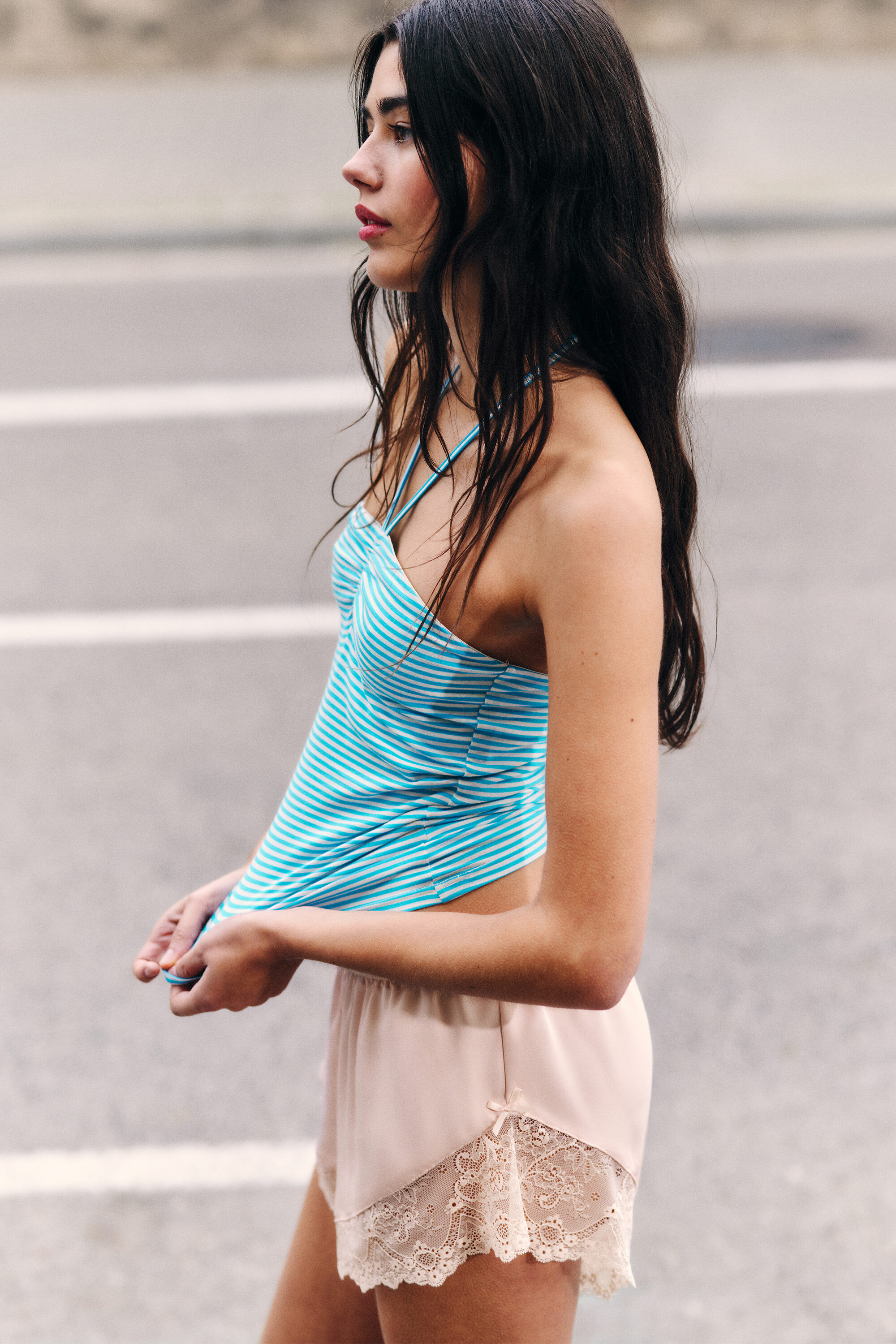 halterneck bandeau top - White & Turquoise Stripes | Monki EU