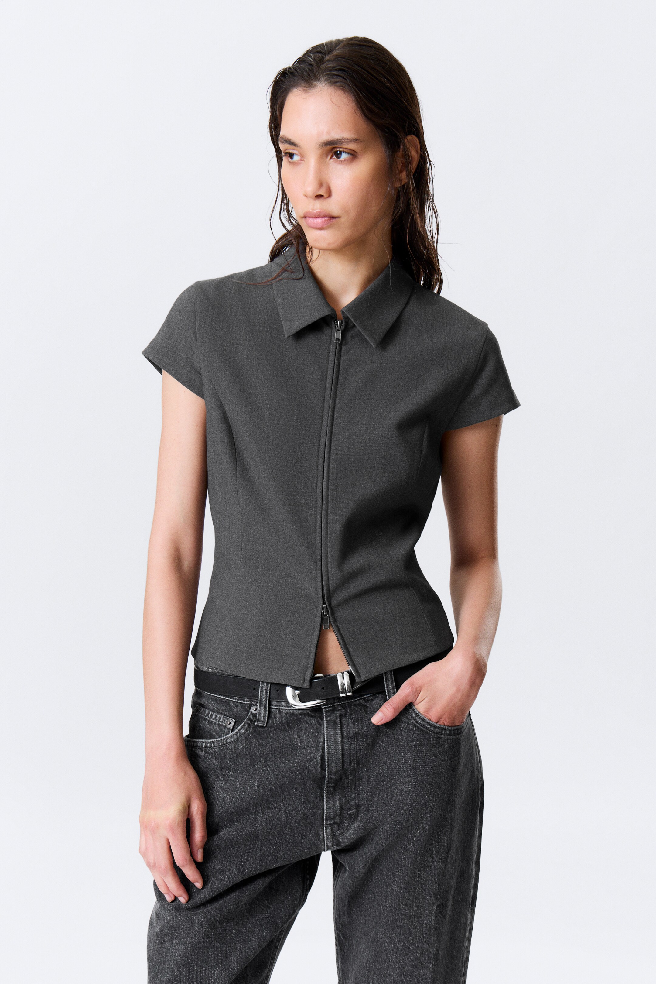 View larger image: Fitted Short-Sleeved Zip Top - Dark Grey Melange - Ladies | H&M GB 2