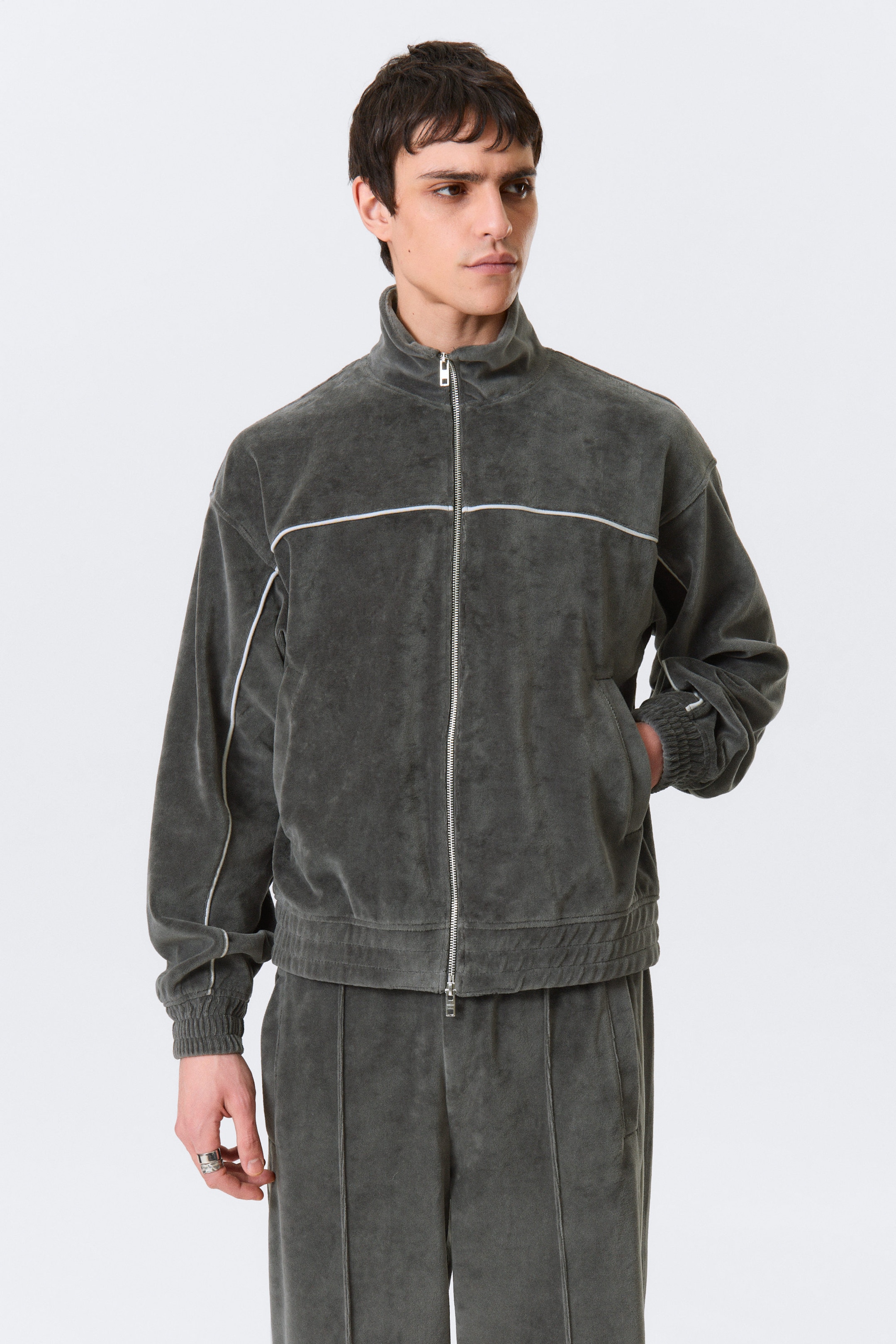 Dark Grey - Loose Velour Track Jacket - 1