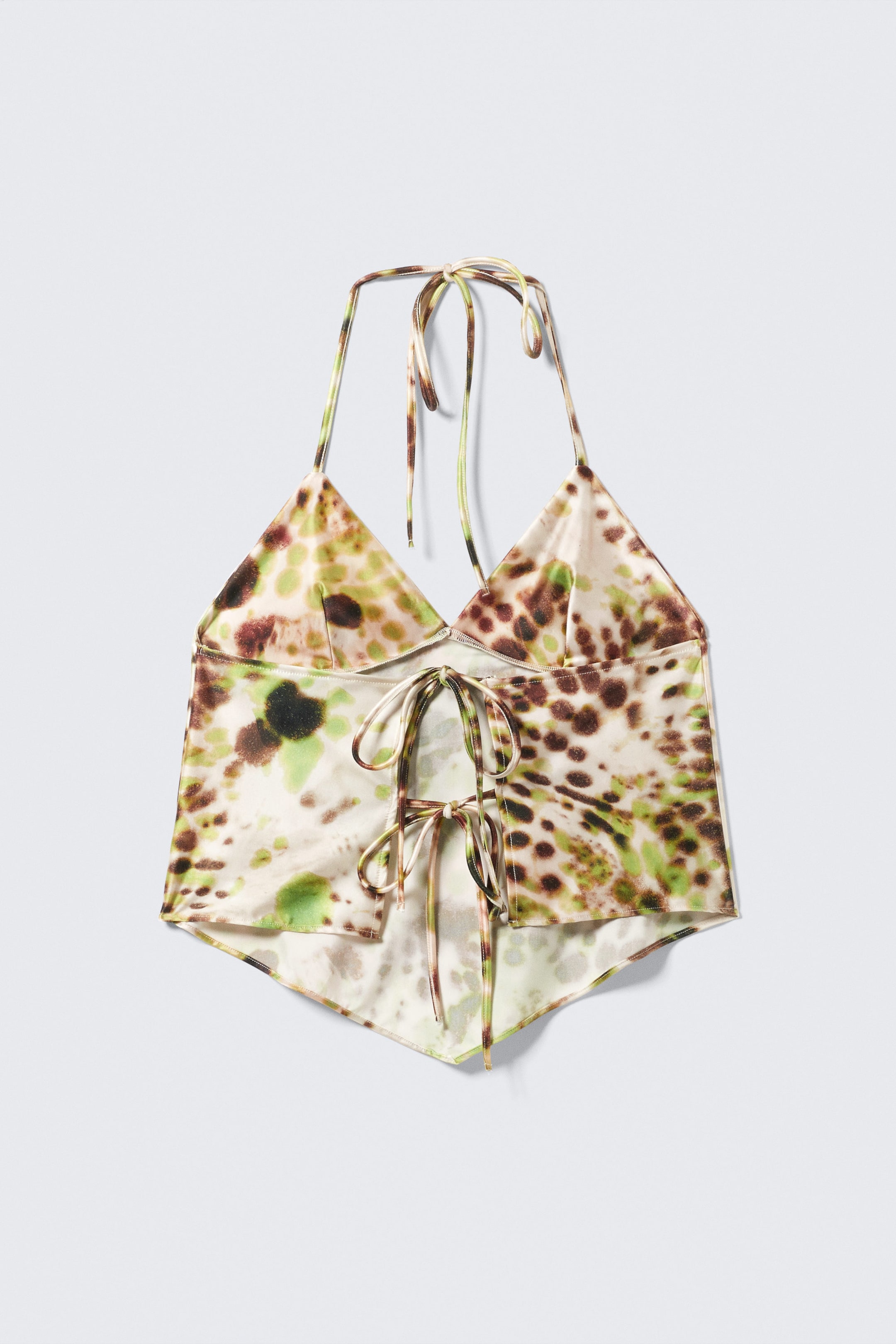 Bruine en groene stippen met bloemen - Korte haltertop met print - 2