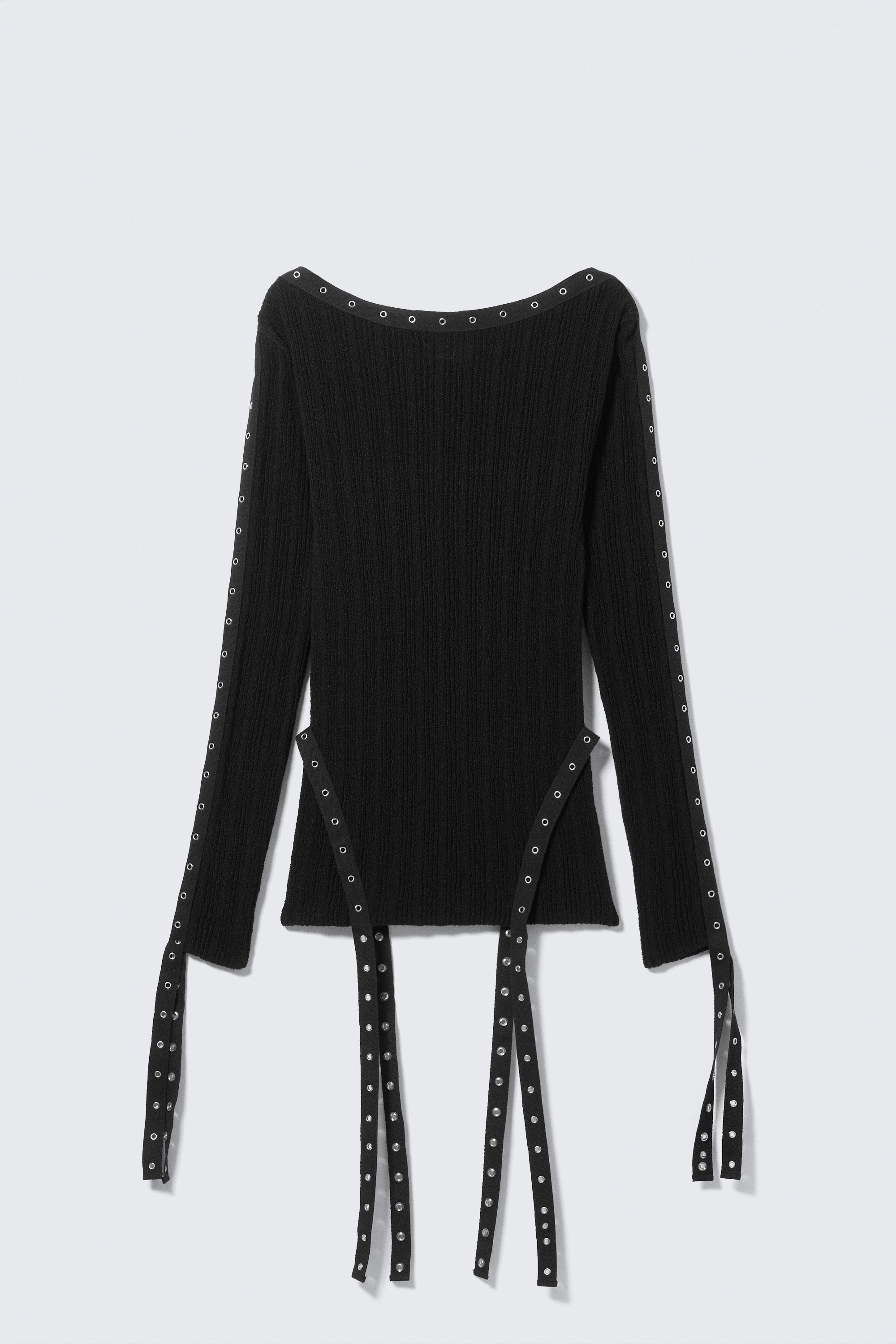 Knitted Eyelet Detail Boat-Neck Top - Black