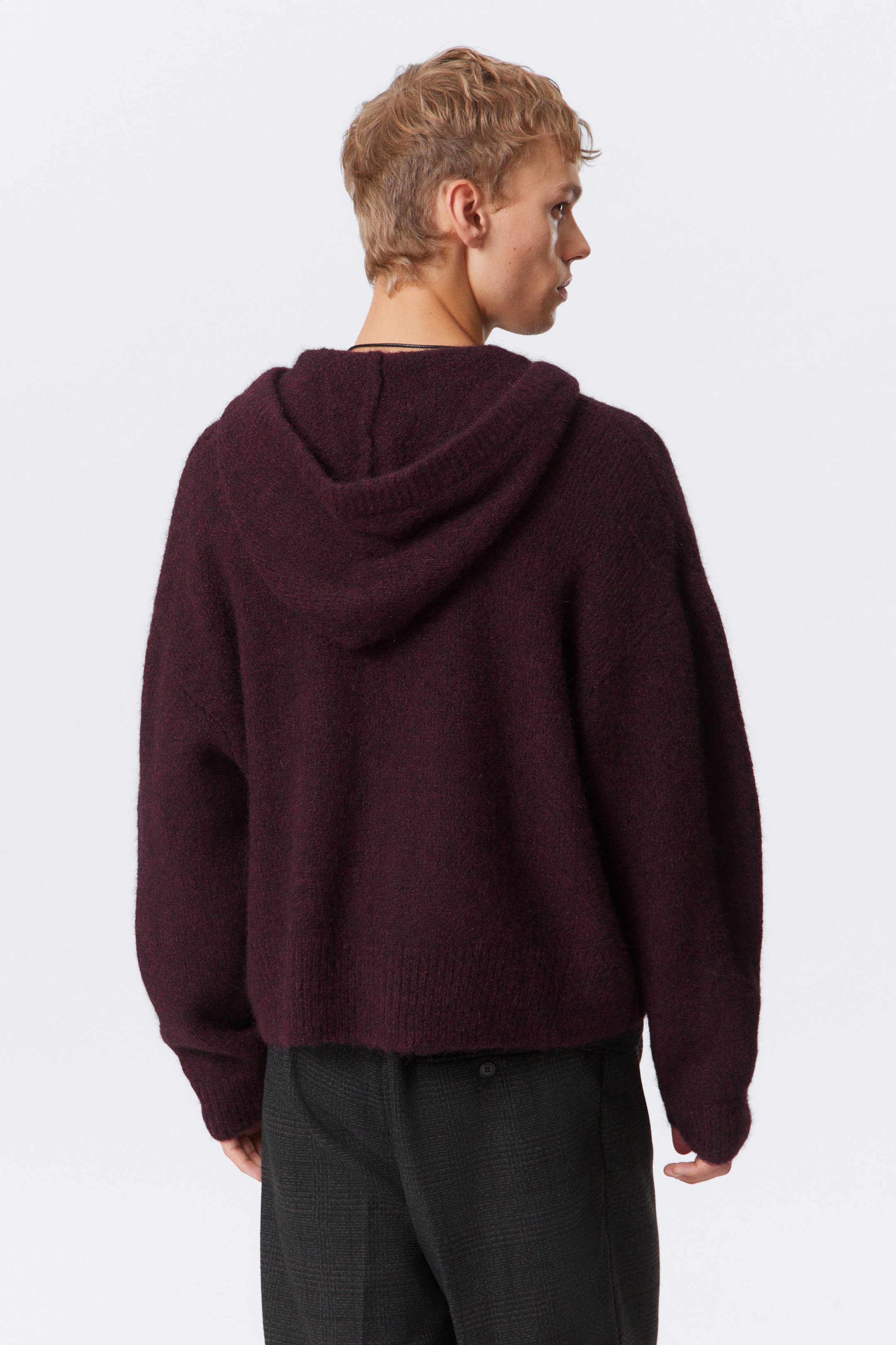 Donkerrood gemêleerd - Gebreide boxy hoodie van wolmix met rits - 3