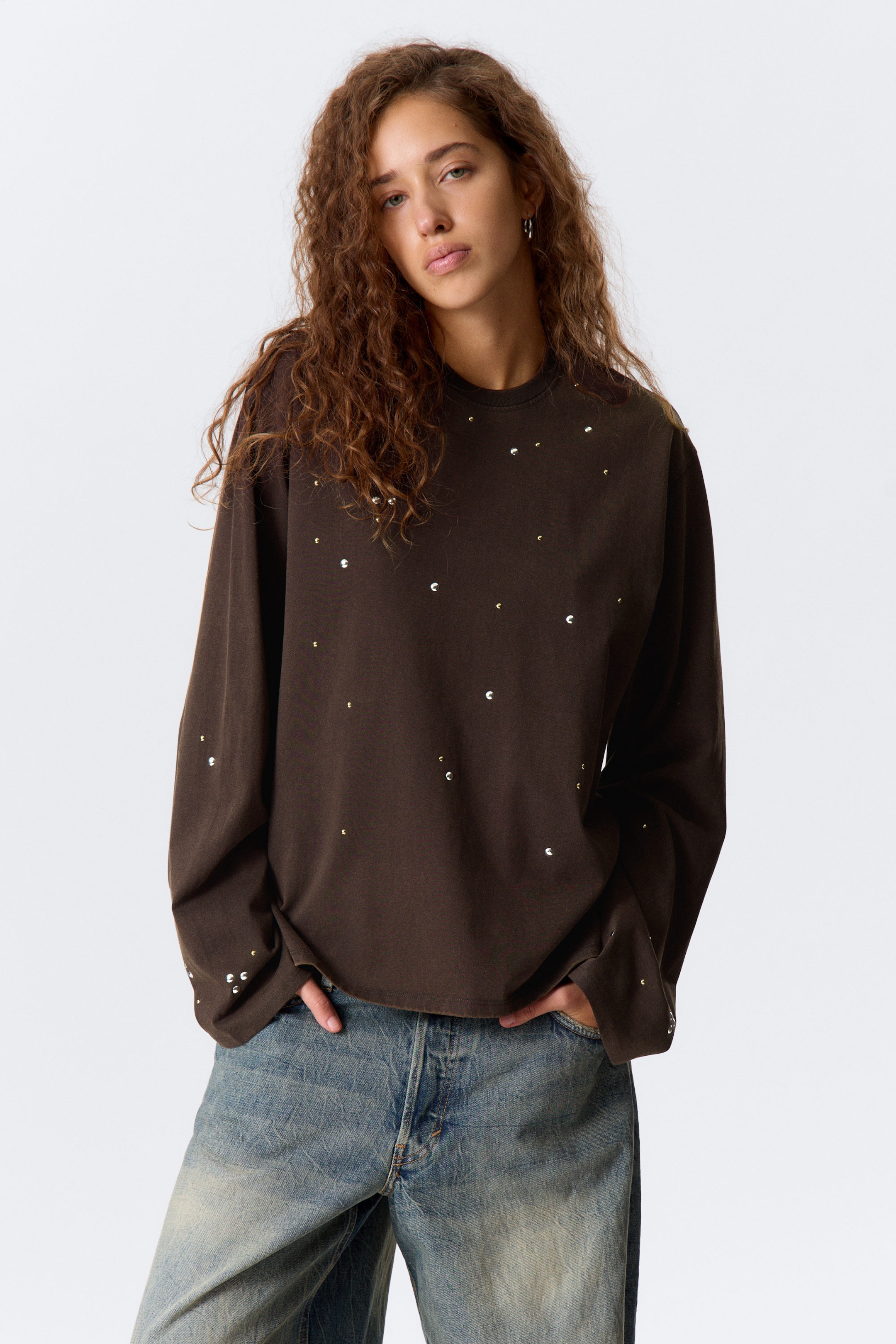 Dark Brown - Oversized Long-Sleeved Stud T-shirt - 1