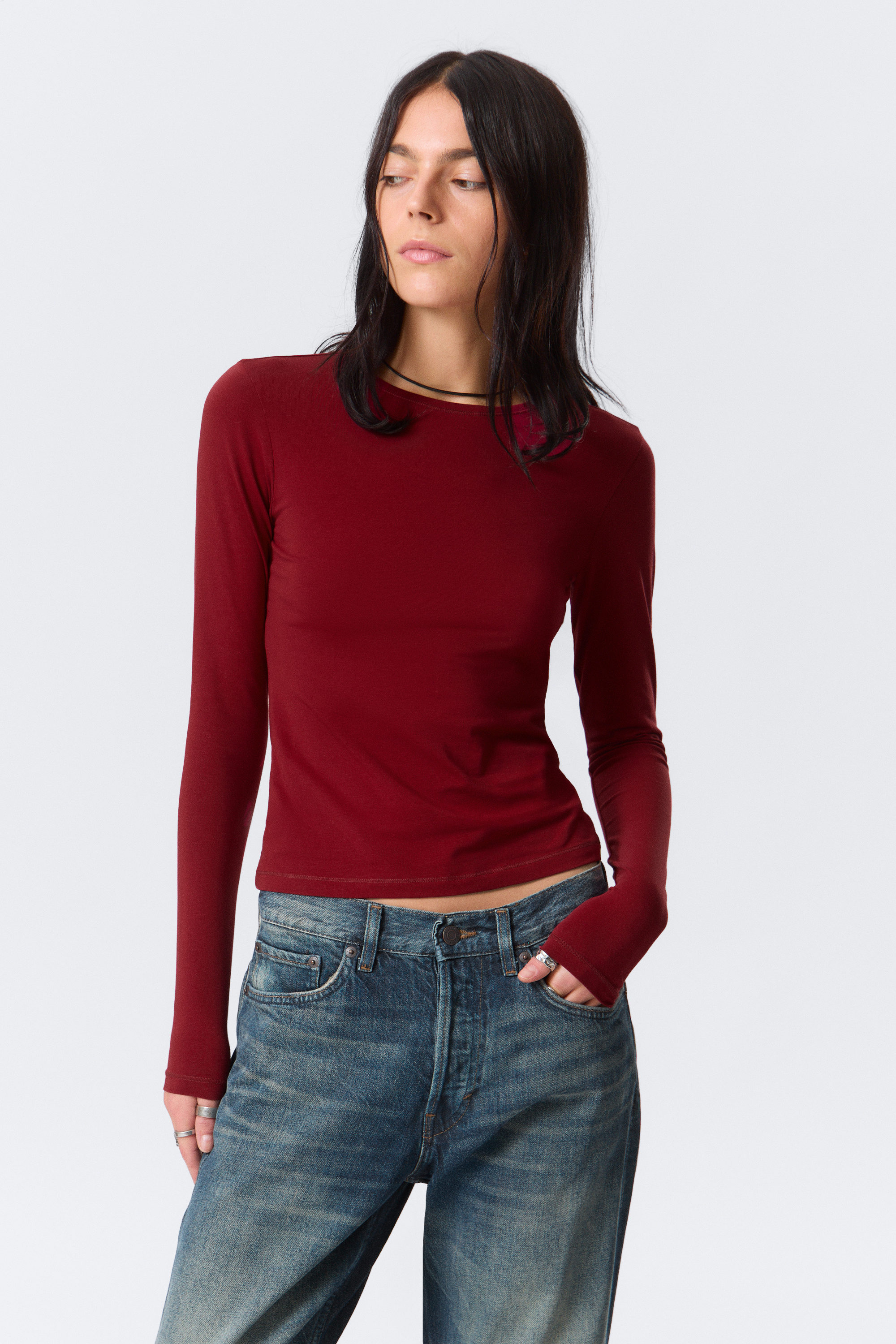 Dark Red - Slim Fitted Long Sleeve - 1