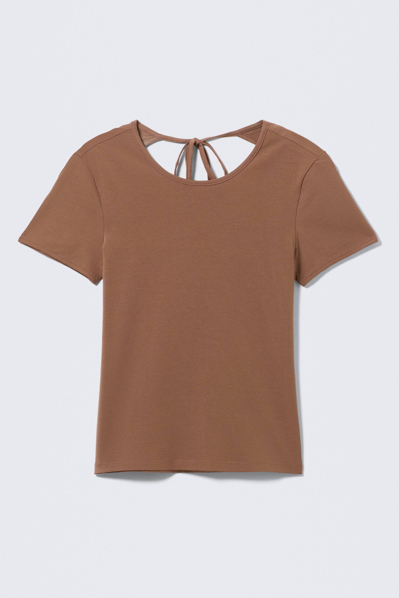 Přiléhavý top s krátkým rukávem a otevřenými zády - Hnědá/Béžová - Bílý lem - 2