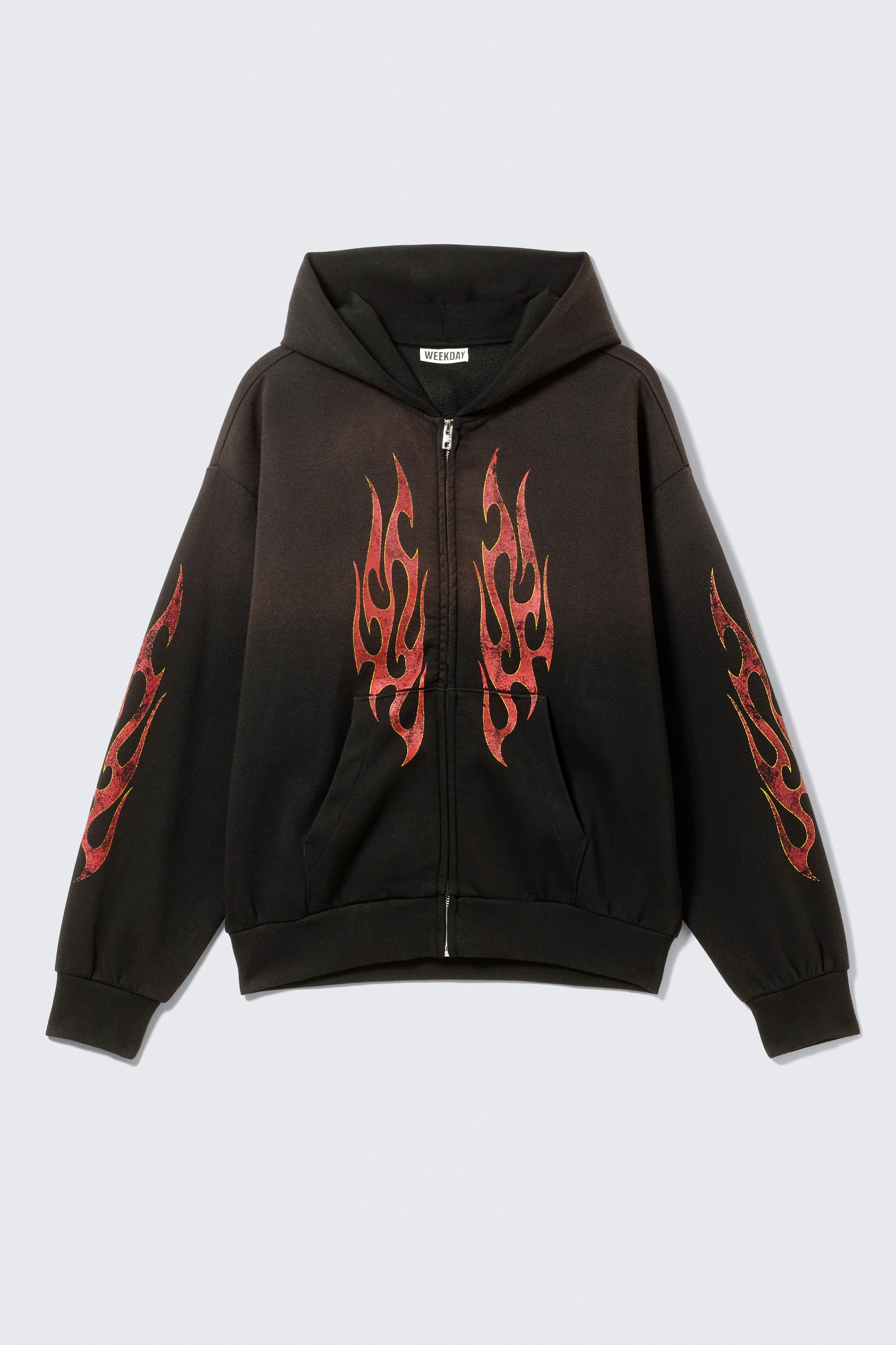 Hoodie met rits en vierkante grafische print - Black - Worn-out Flame/Bordeauxrood