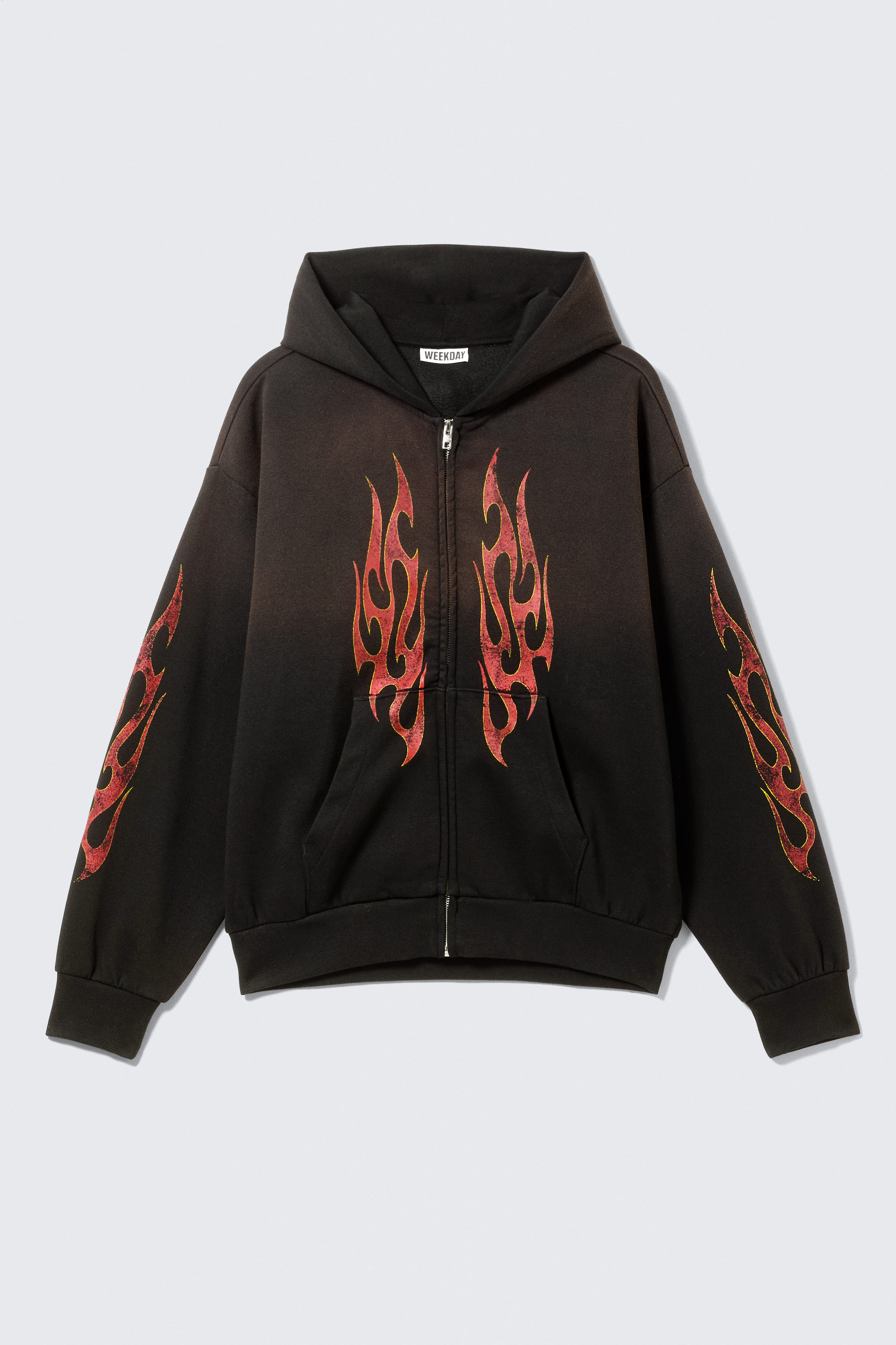 Schwarz - Abgenutzte Flamme - Grafischer Zip-Hoodie mit eckigem Schnitt - 1