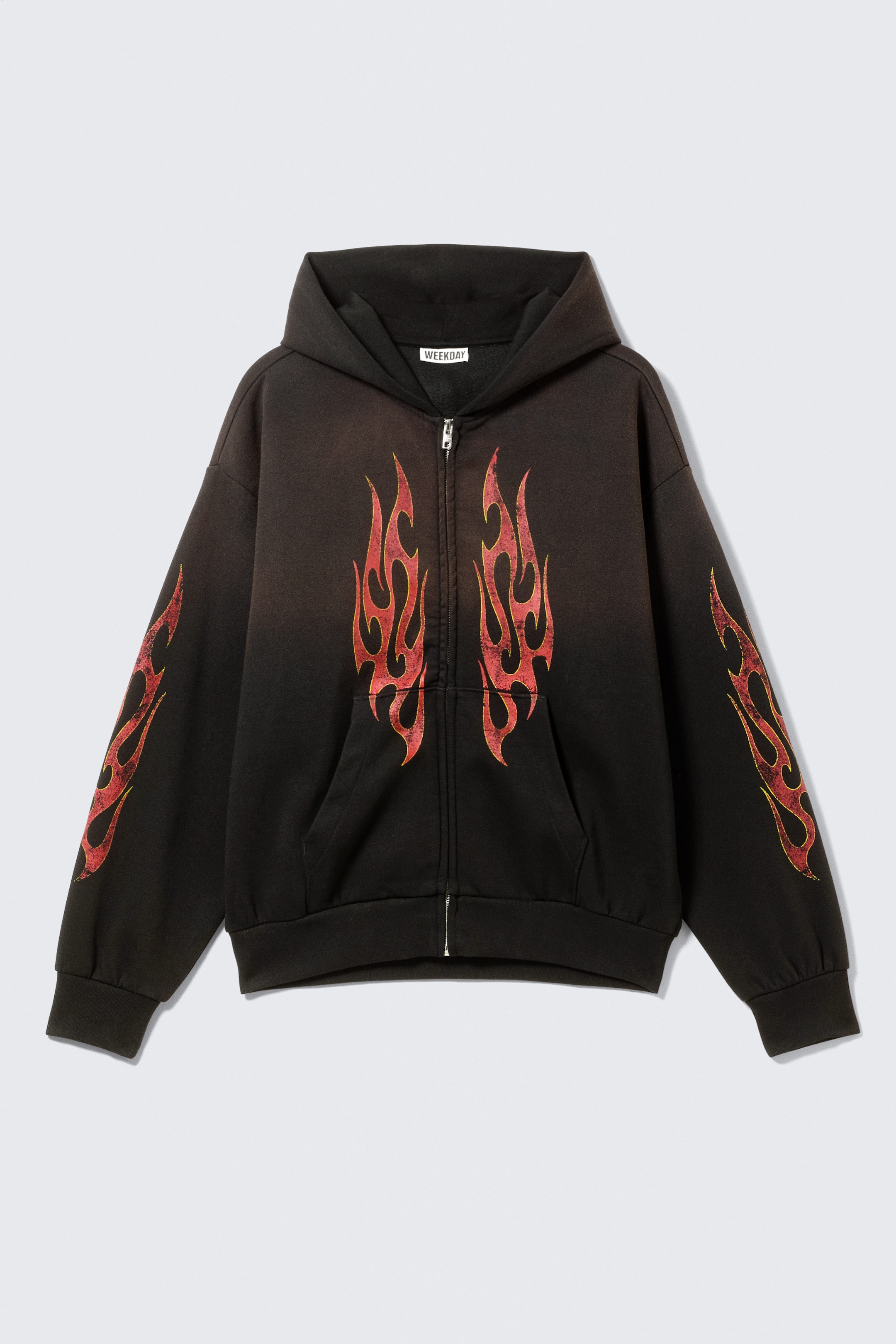Schwarz - Abgenutzte Flamme - Grafischer Zip-Hoodie mit eckigem Schnitt - 5