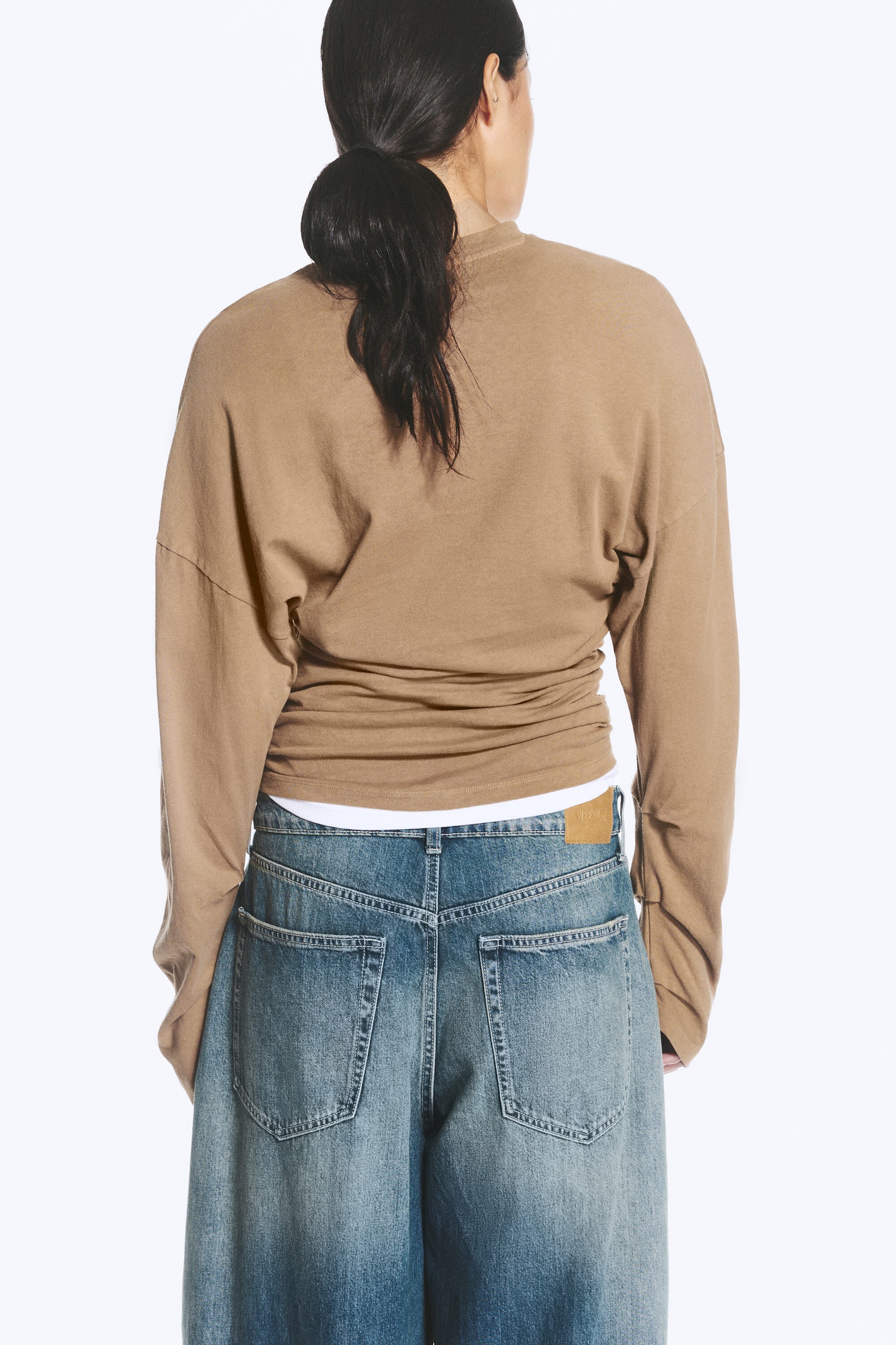 Dark Beige - Pleated Long-Sleeved Top - 3