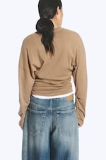 Dark Beige - Pleated Long-Sleeved Top - 3
