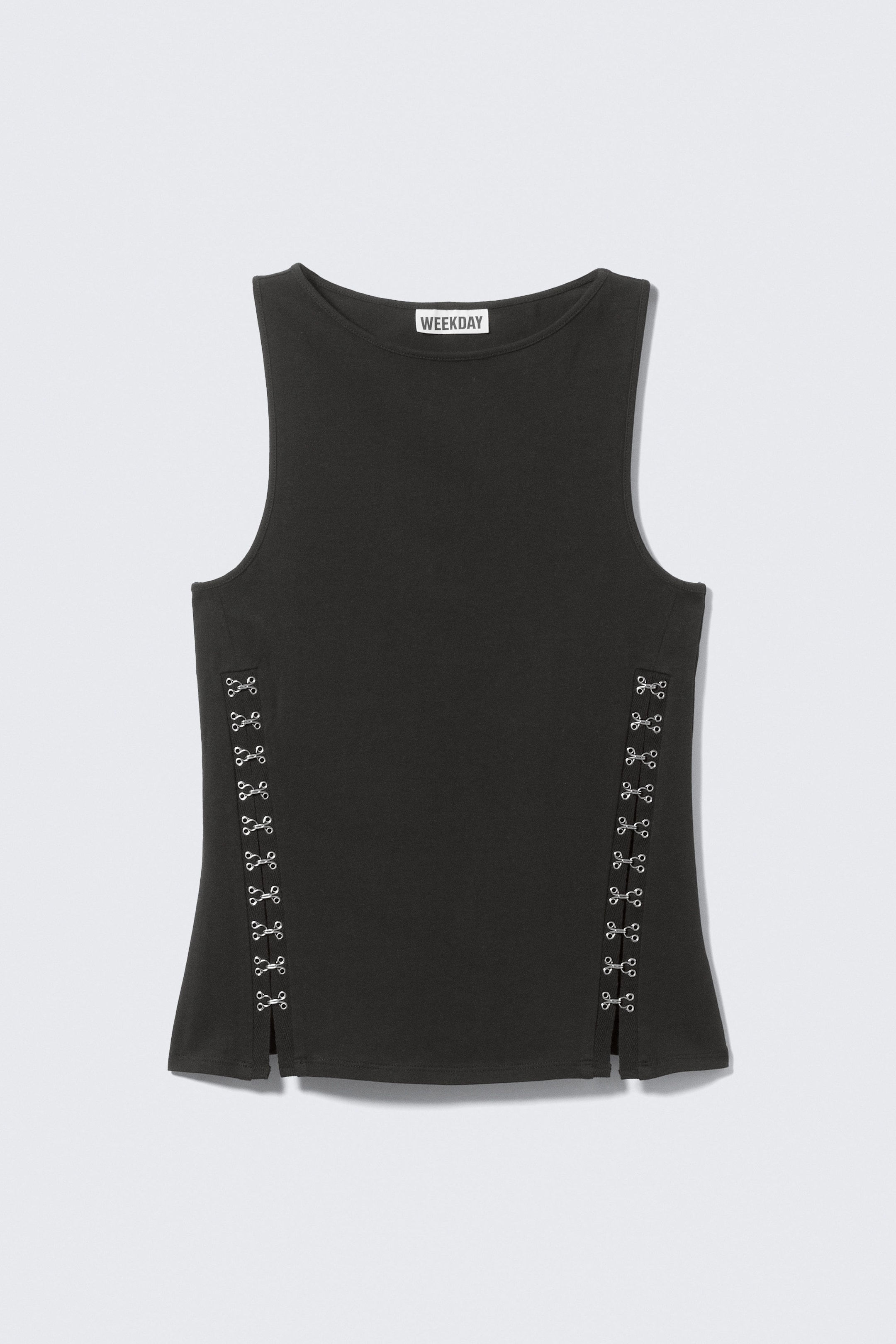 Schwarz - Eng anliegendes Trägertop mit Haken und Ösen - 3