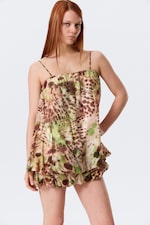 Brown & Green Floral Dots - Sleeveless Balloon Mini Dress - 0