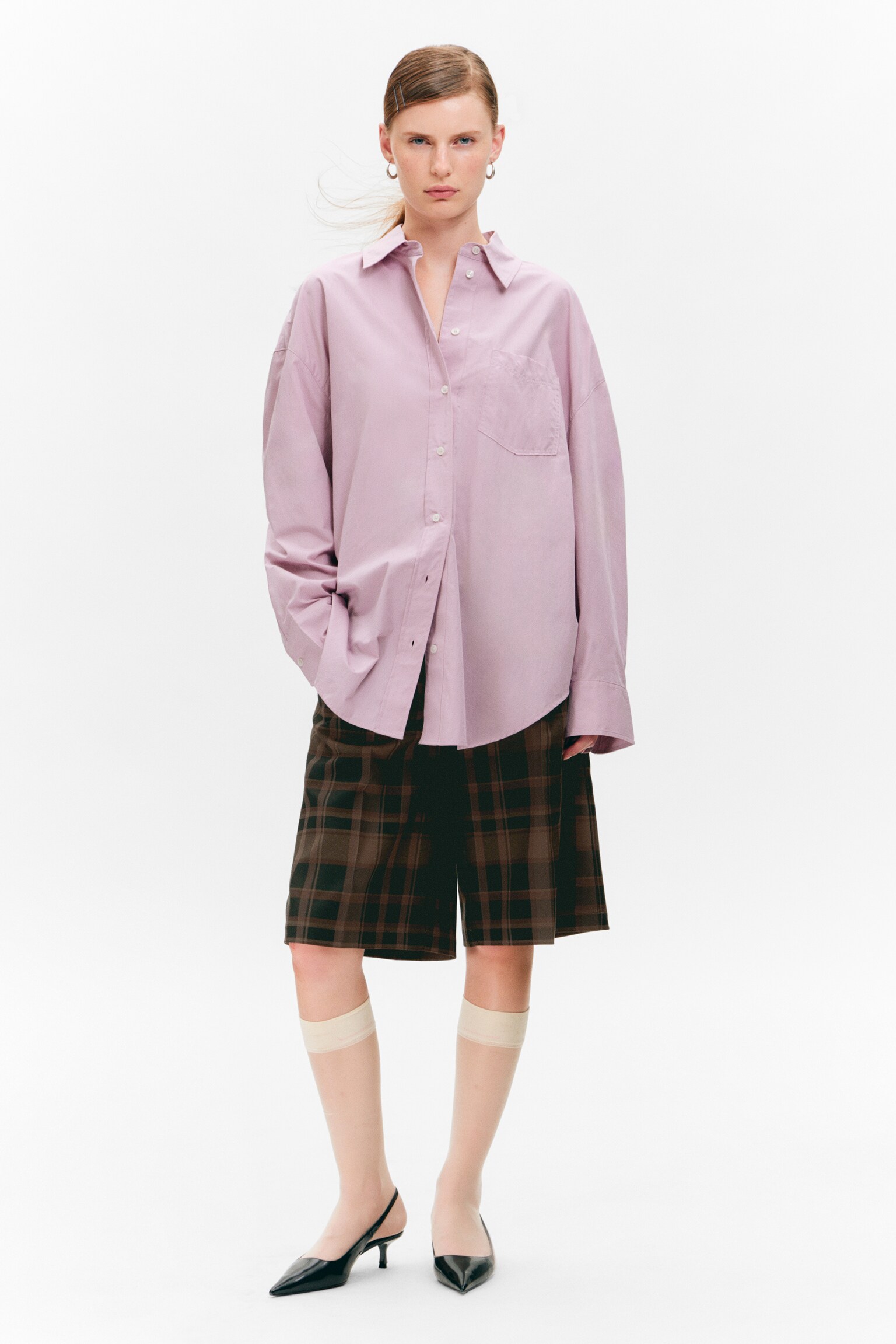 Oversized Long-Sleeved Cotton Shirt - Dusty Pink/Burgundy & Yellow Stripes/Checked Dark Grey - 1