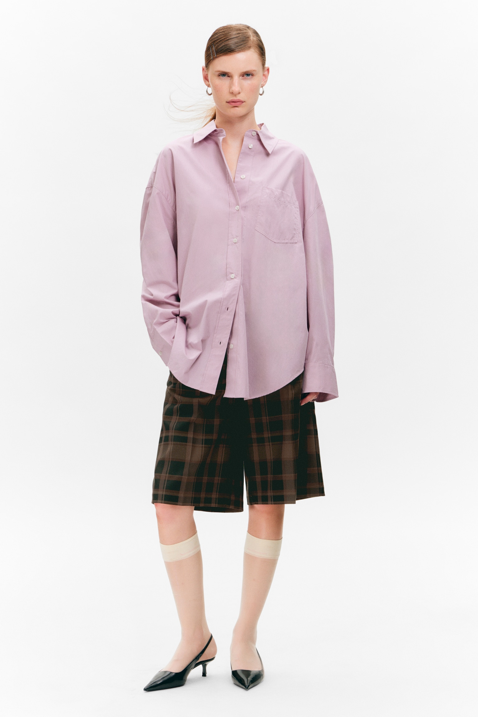 Camicia di cotone oversize a maniche lunghe - Rosa antico/Grigio scuro a quadri/Burgundy & giallo a righe