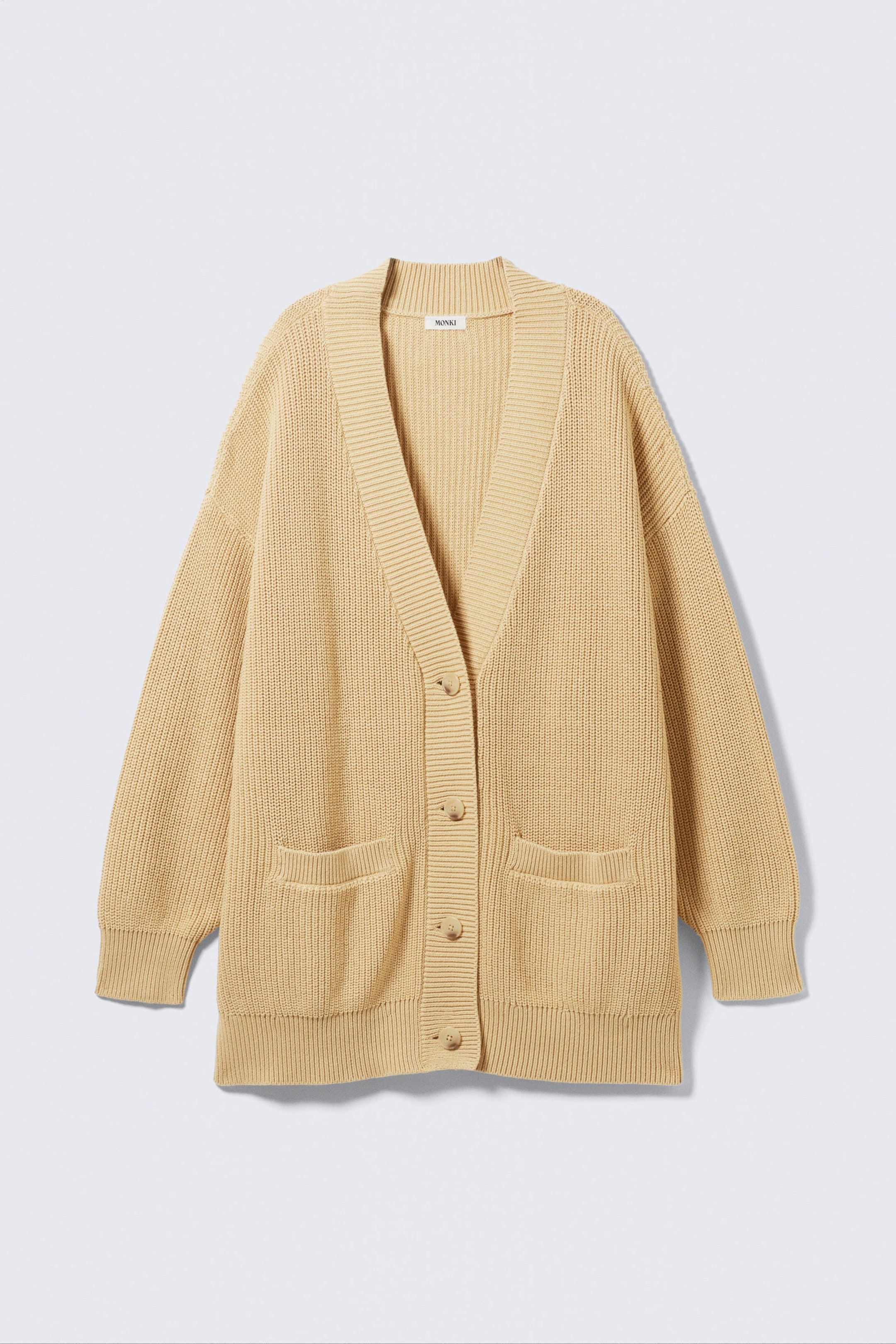 Beige - Oversized V-Neck Cotton Knit Cardigan - 3