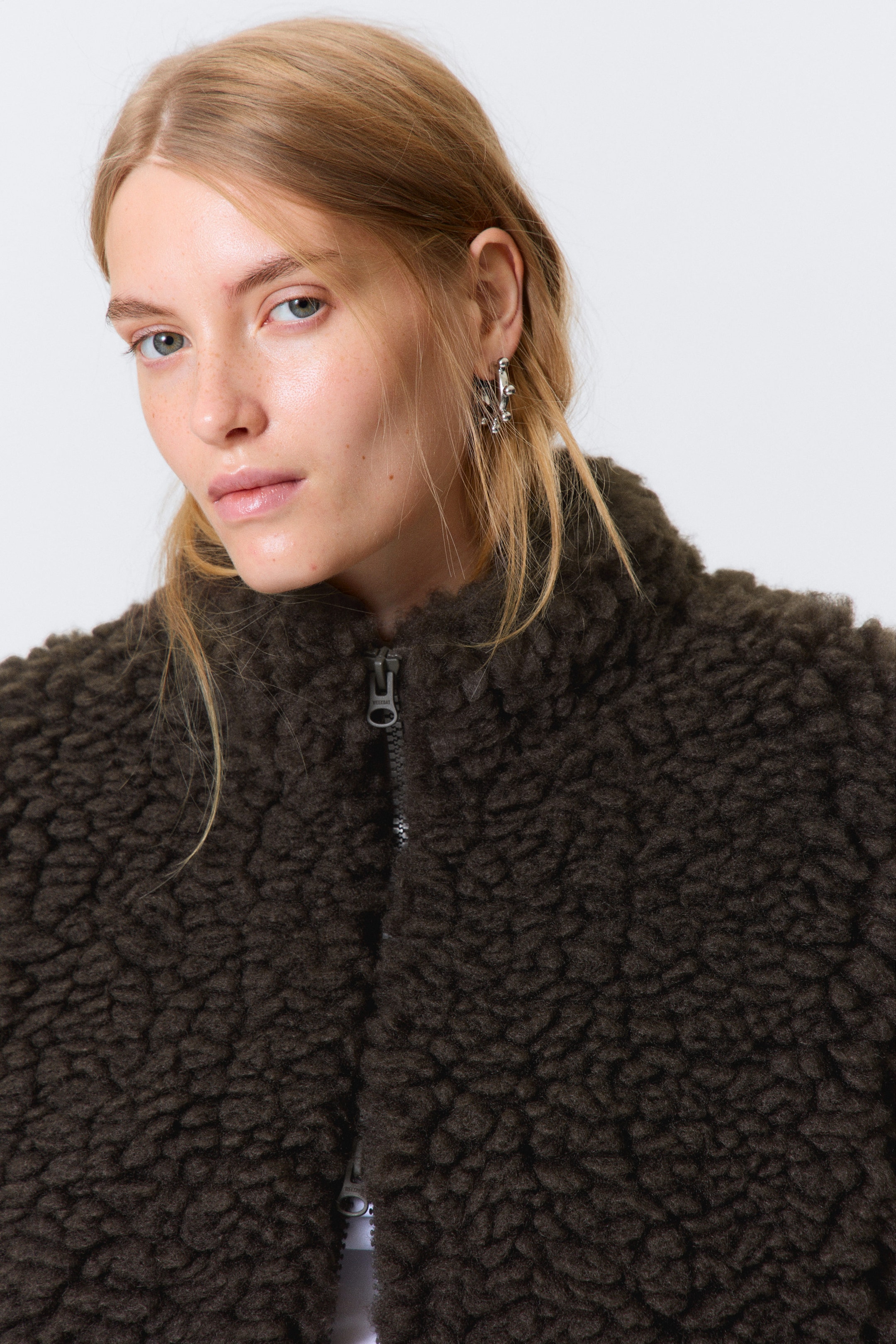 Brown - Oversized Fluffy Zip Jacket - 2