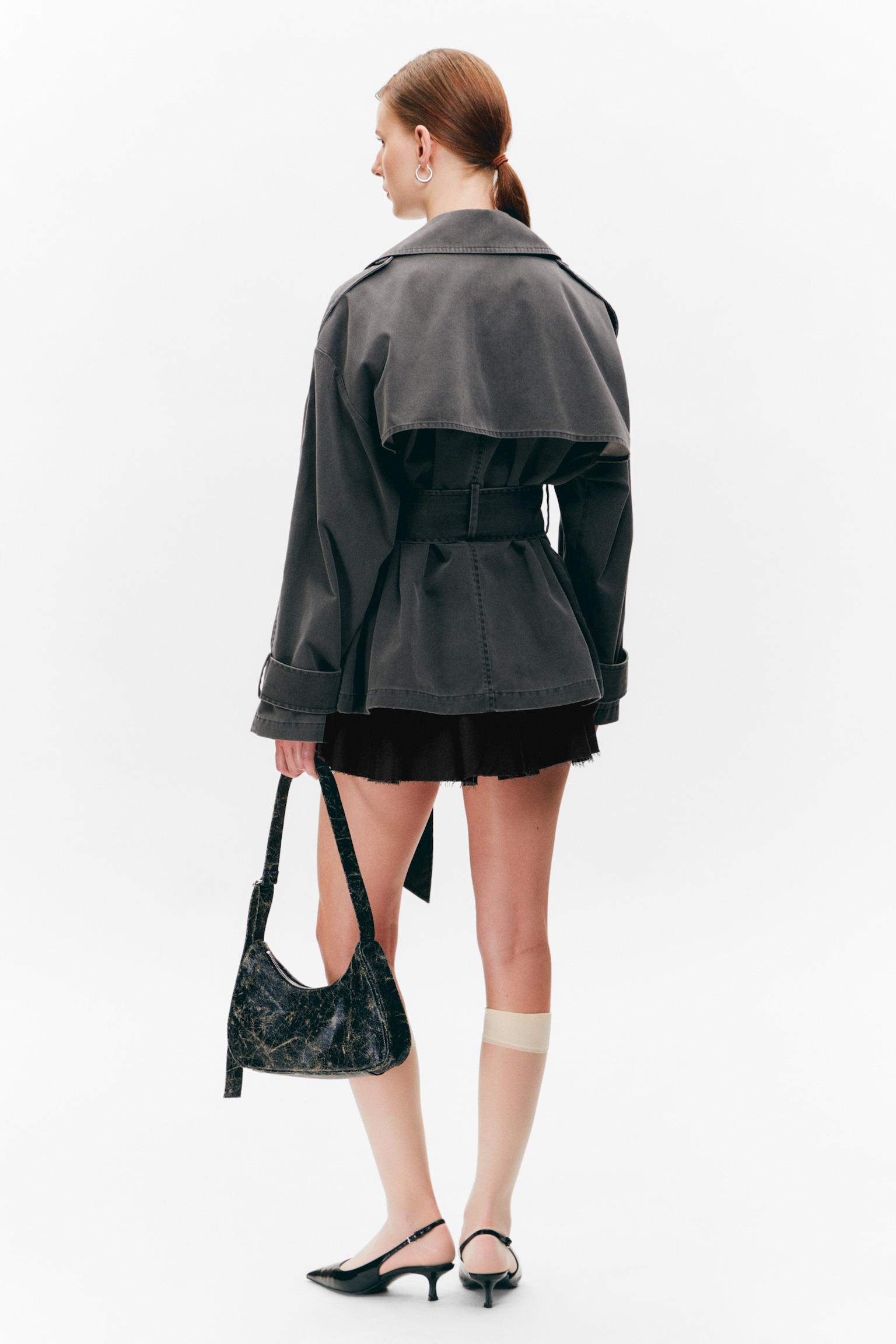 SHORT DOUBLE-BREASTED WASHED TRENCH COAT - Dark Grey - 3