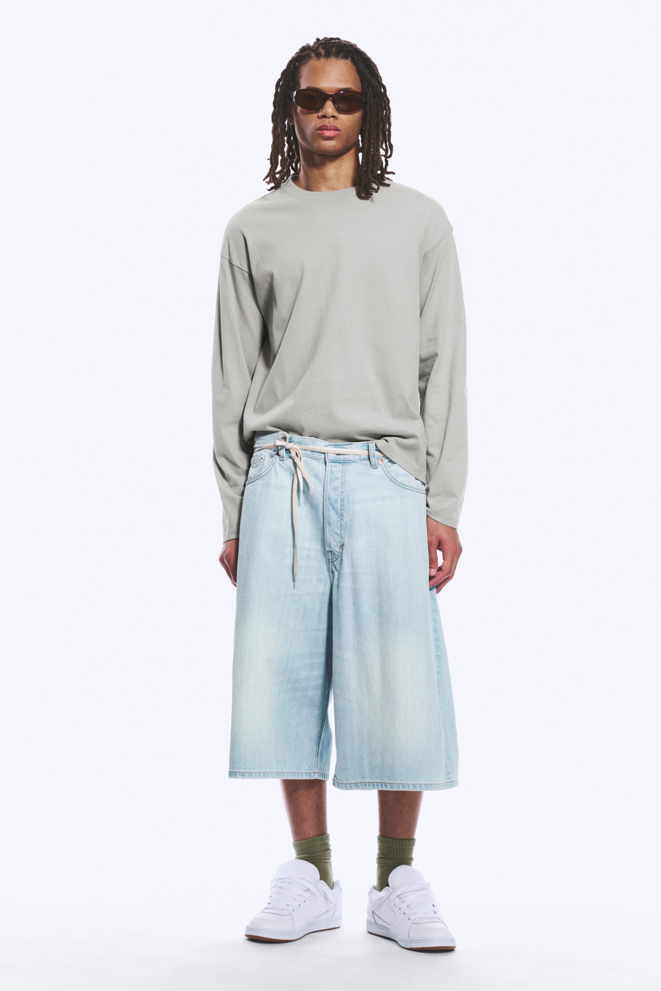 Ghost Blue - Light Blue - Void Mid Rise Loose Long Denim Shorts - 1