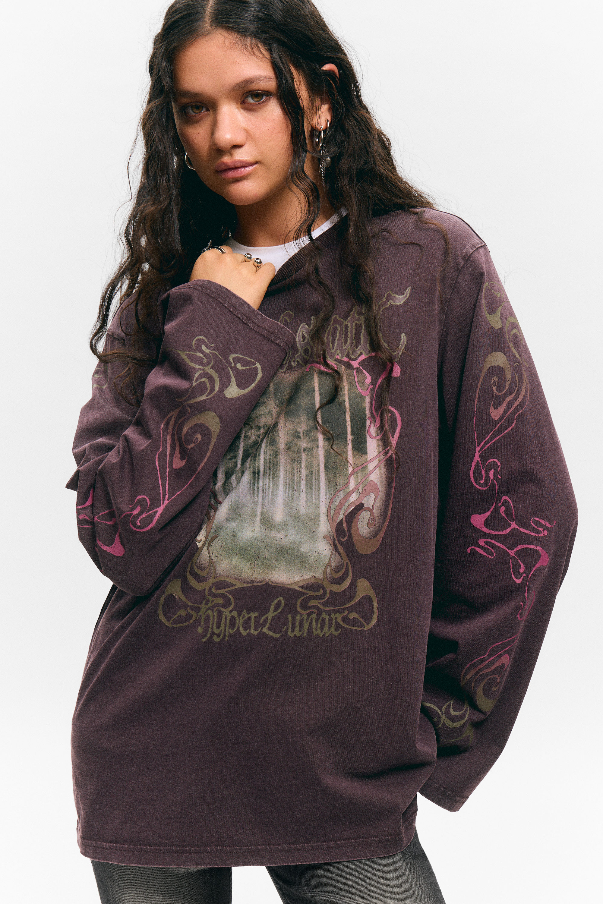 Dark Purple - Hyper Lunar - Printed Long-Sleeved Cotton T-shirt - 2