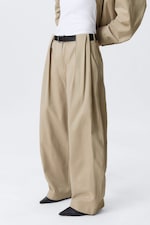 Beige - Low Rise Wide Leg Pleated Trousers - 2