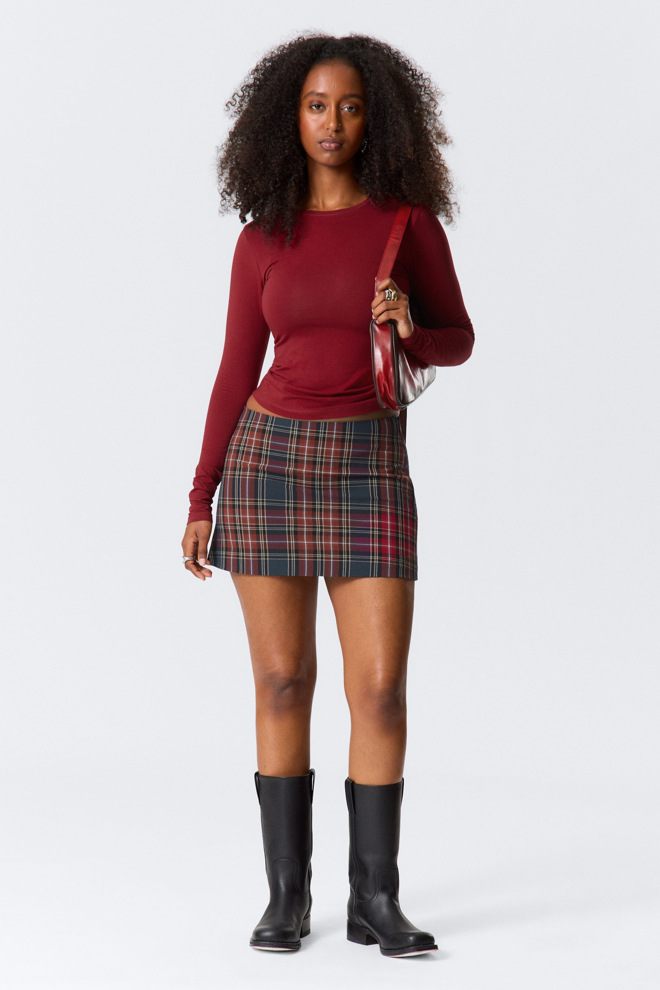 Dark Red Check - Mini Twill Skirt - 2