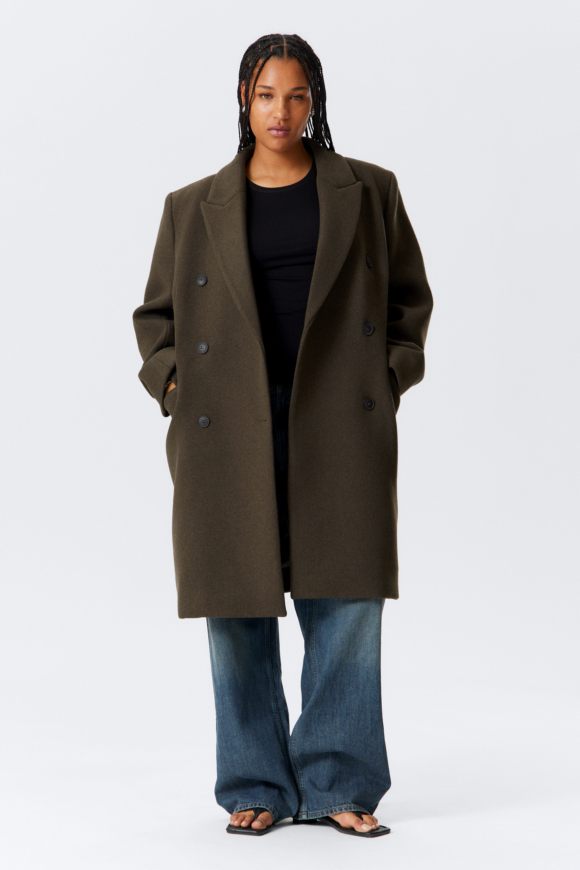 Dark Khaki Green - Oversized Knee-Length Wool-Blend Coat - 1