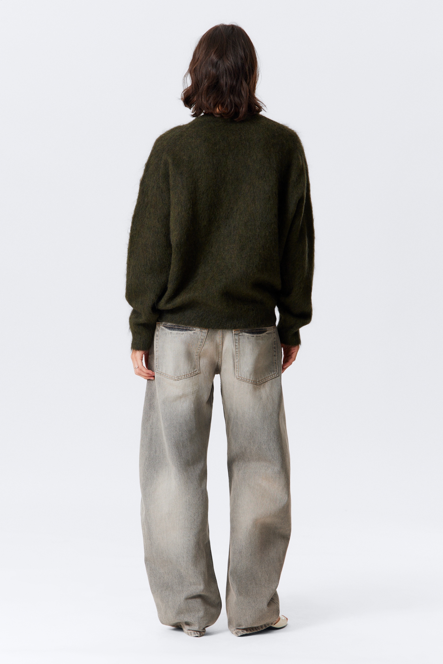 Oversized Knitted Mohair Blend Sweater - Dark Green/Beige - 5