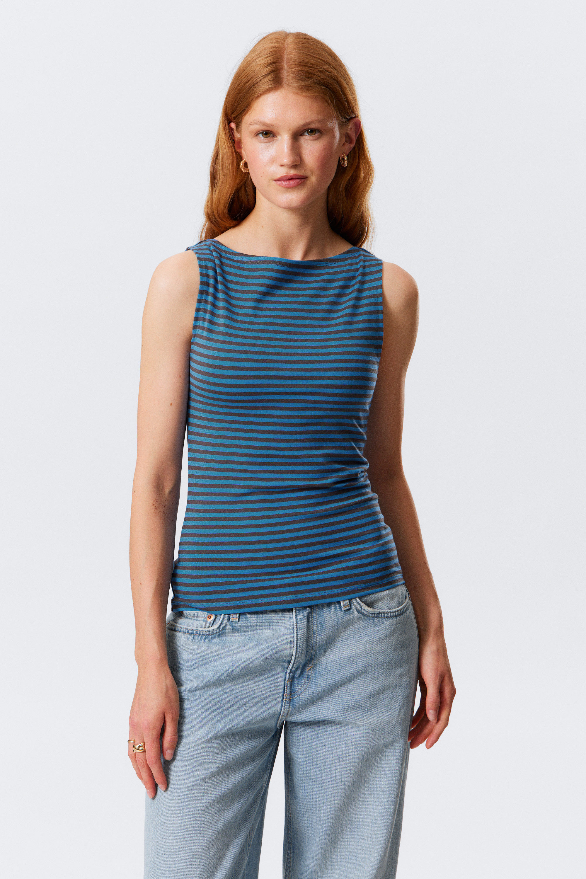 Blue & Dark Mole Stripes - Annie Striped Sleeveless Boat-Neck Top - 1