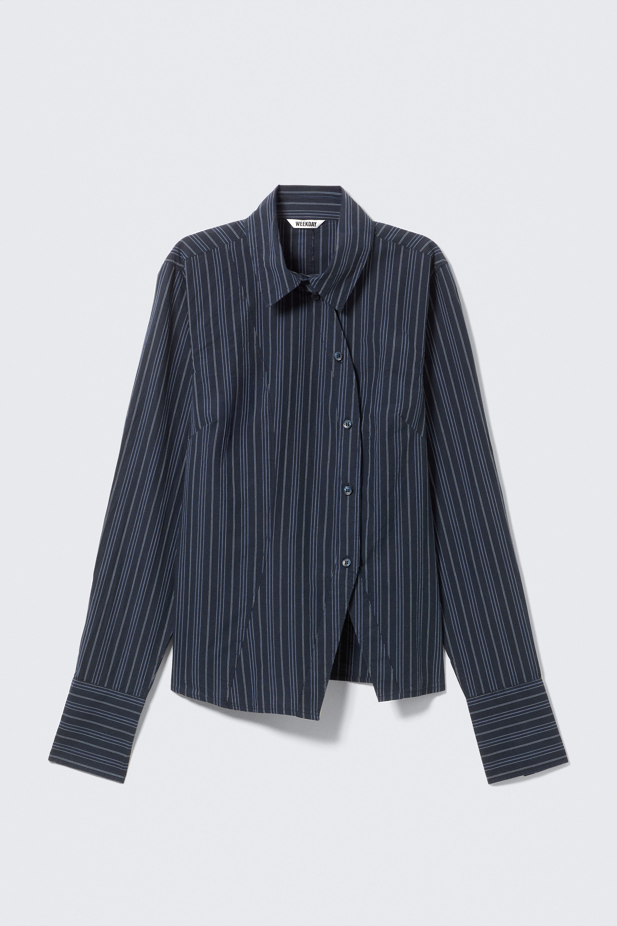 Striped Dark Blue - Asymmetric Fitted Poplin Shirt - 1