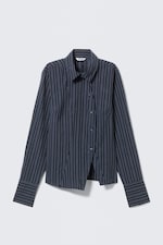 Striped Dark Blue - Asymmetric Fitted Poplin Shirt - 4