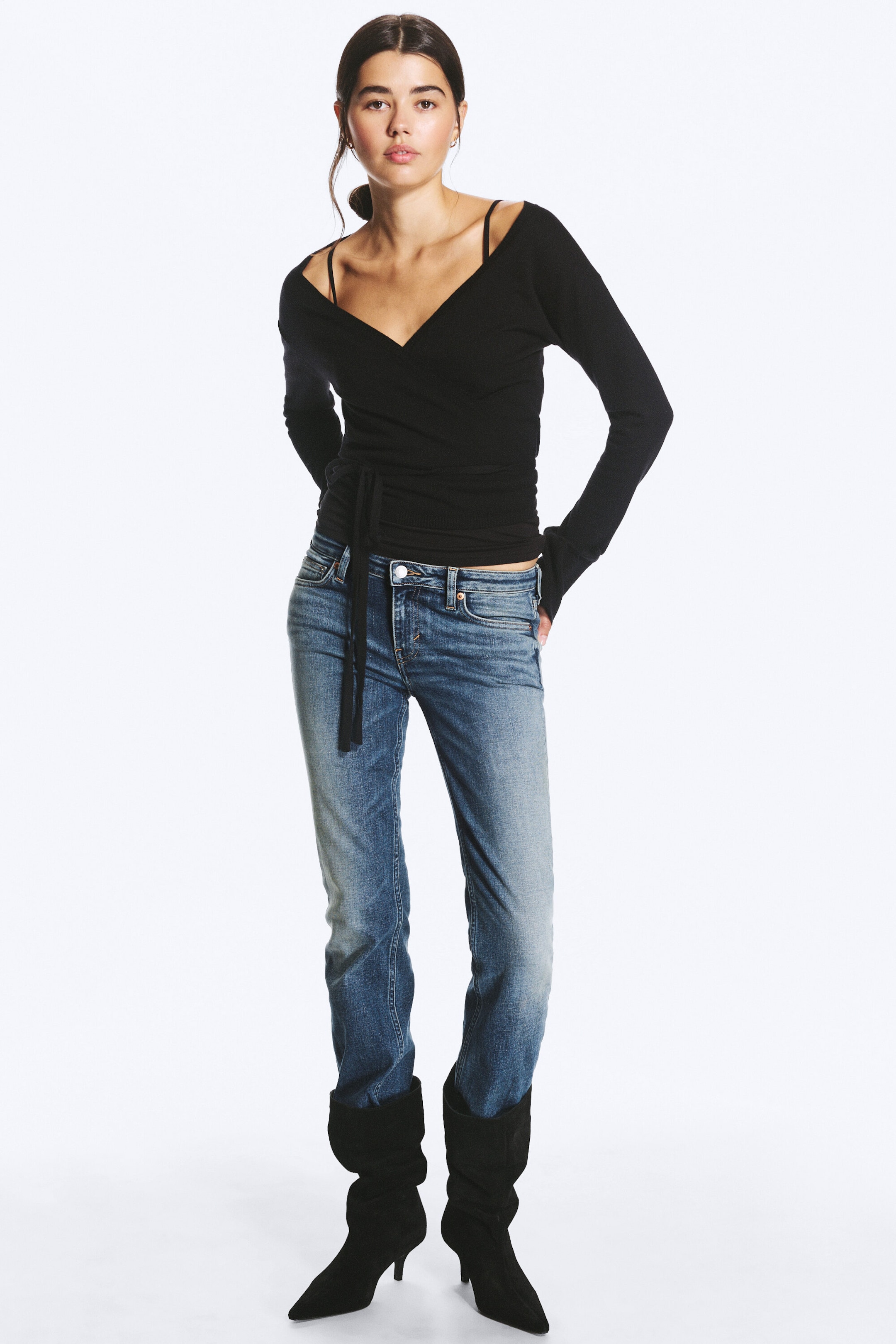 Black - V-Neck Wrap Knit Cardigan - 1