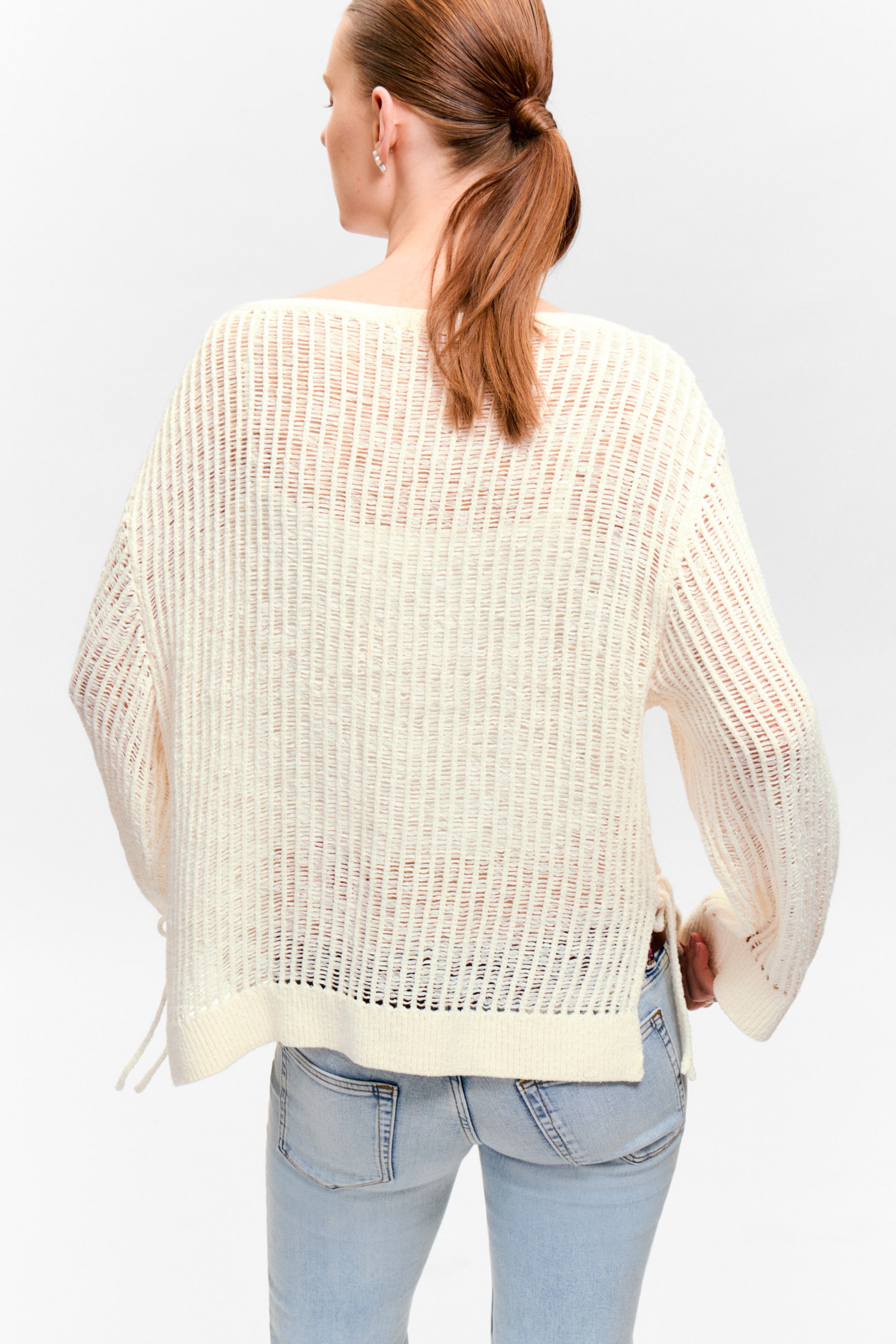 White - Loose Open-Knit Side Slit Sweater - 2