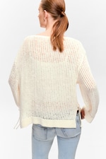 White - Loose Open-Knit Side Slit Sweater - 2
