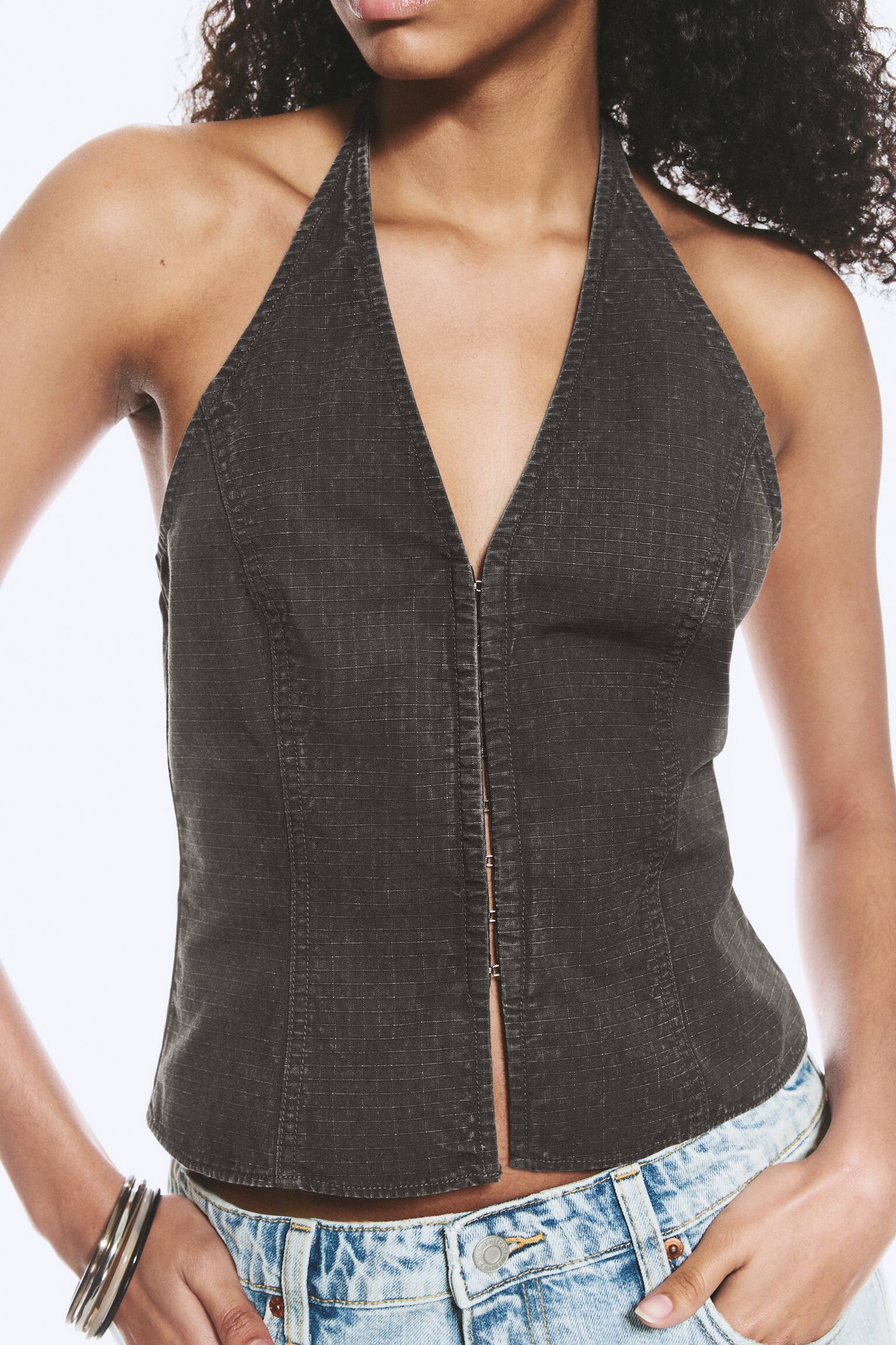 Haut dos nu col V ripstop - Gris foncé/Beige clair - 6