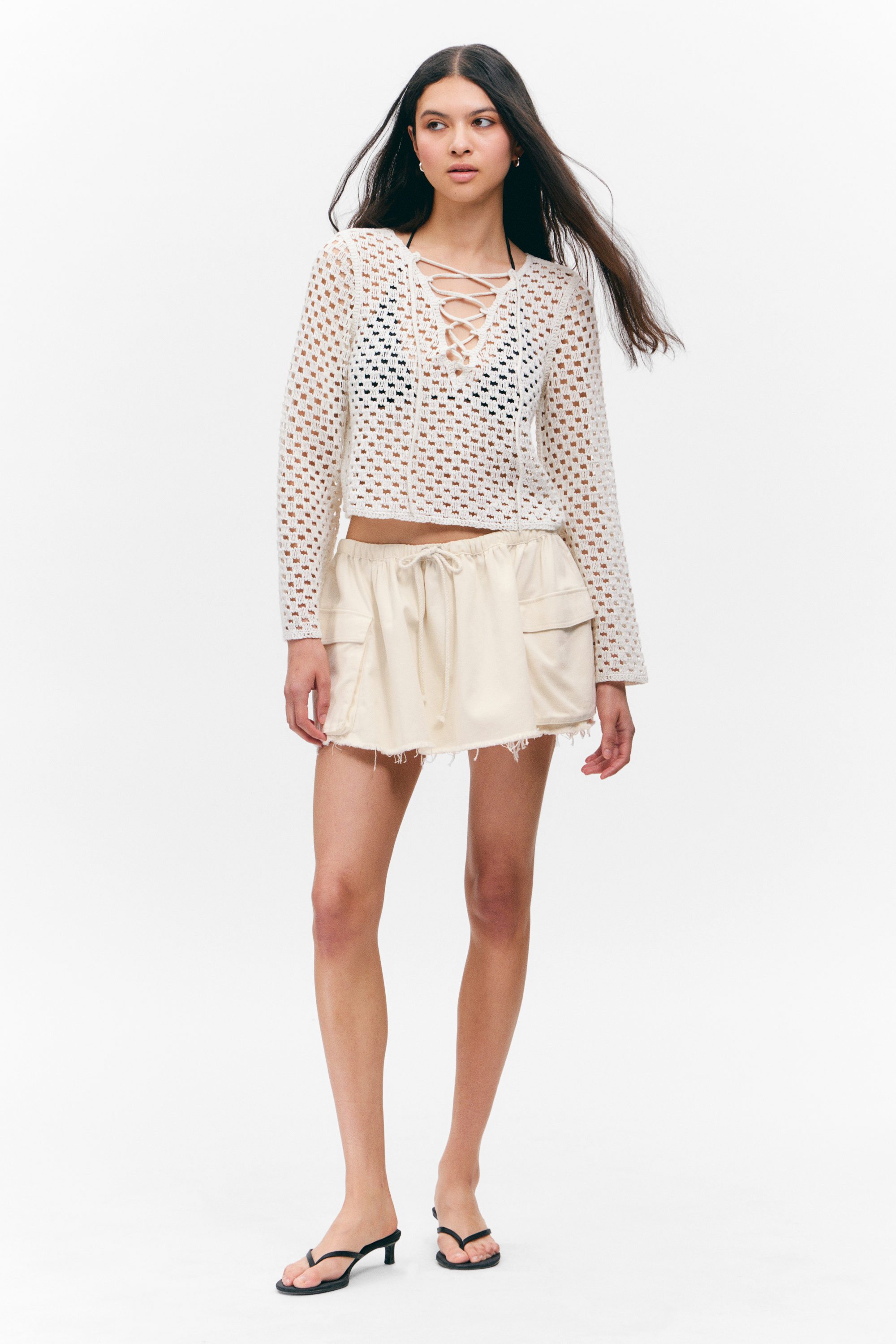 #ECE9E2 - Crochet Knit Long-Sleeved Top - 2