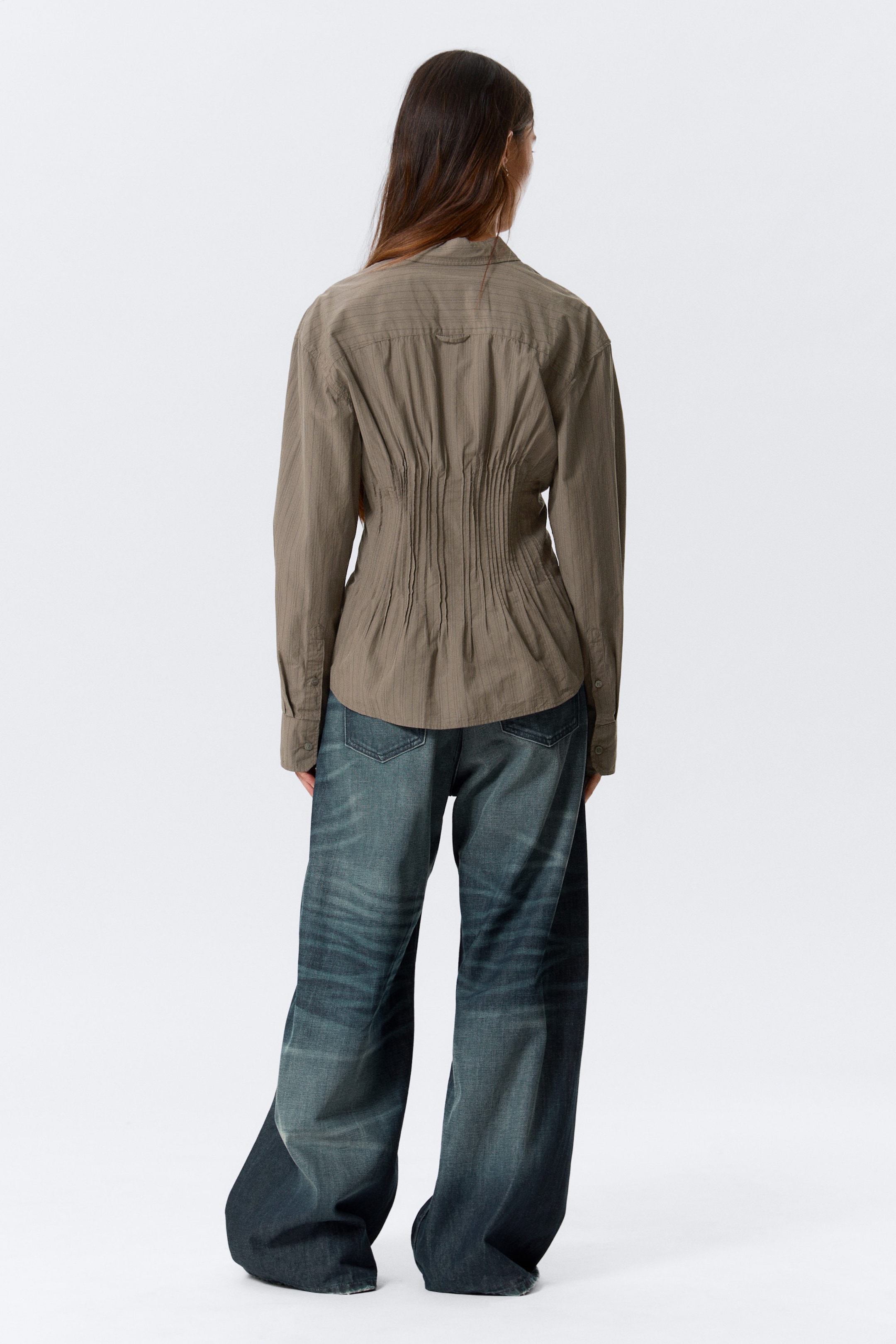 Striped Brown - Gathered Waist Cotton Poplin Shirt - 3