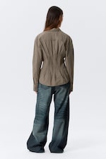 Striped Brown - Gathered Waist Cotton Poplin Shirt - 3