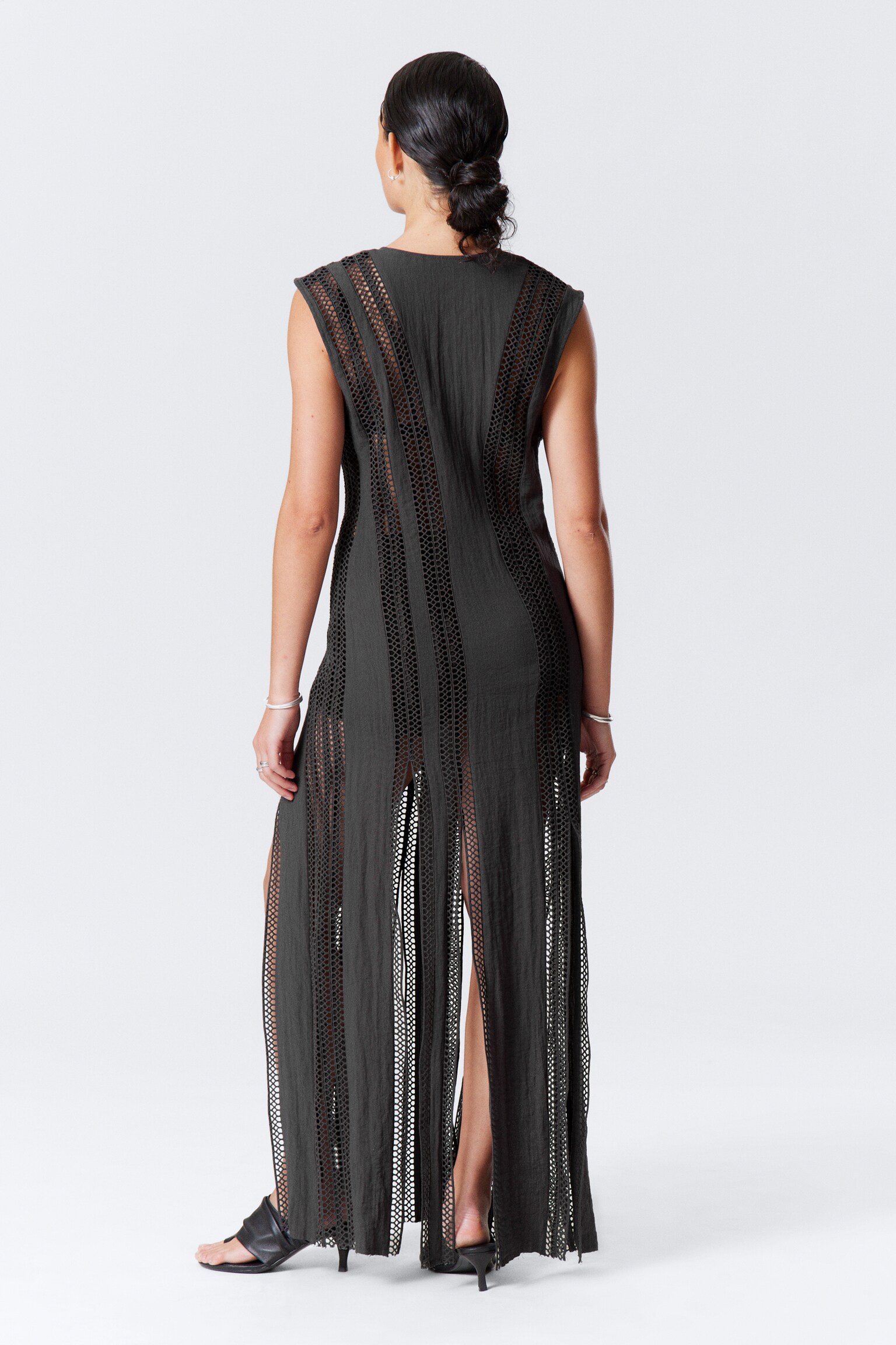 Vestido Comprido Decotado com Painéis Transparentes - Cinzento-escuro - 5