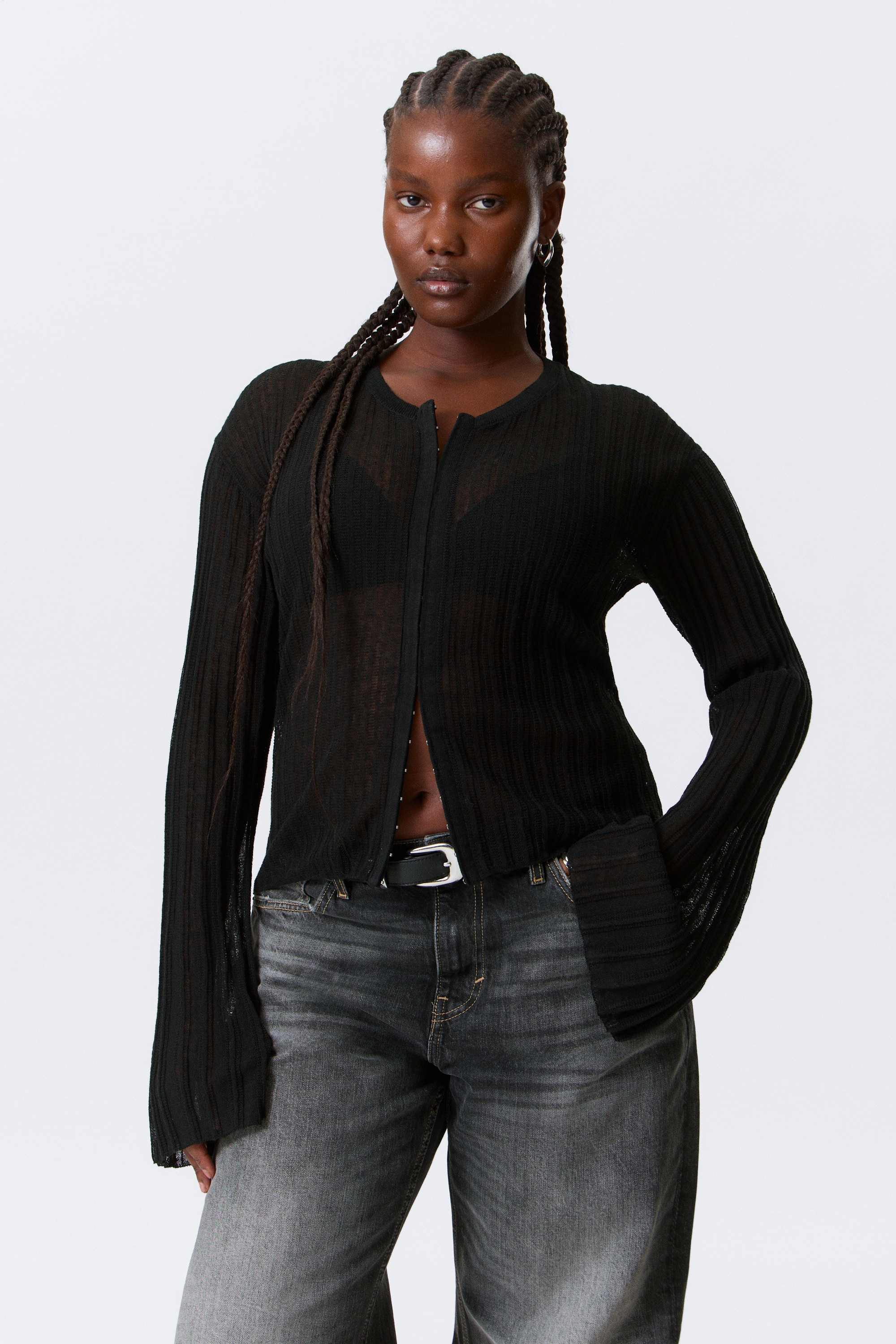 Sheer Linen-Blend Cardigan - Black/Ecru
