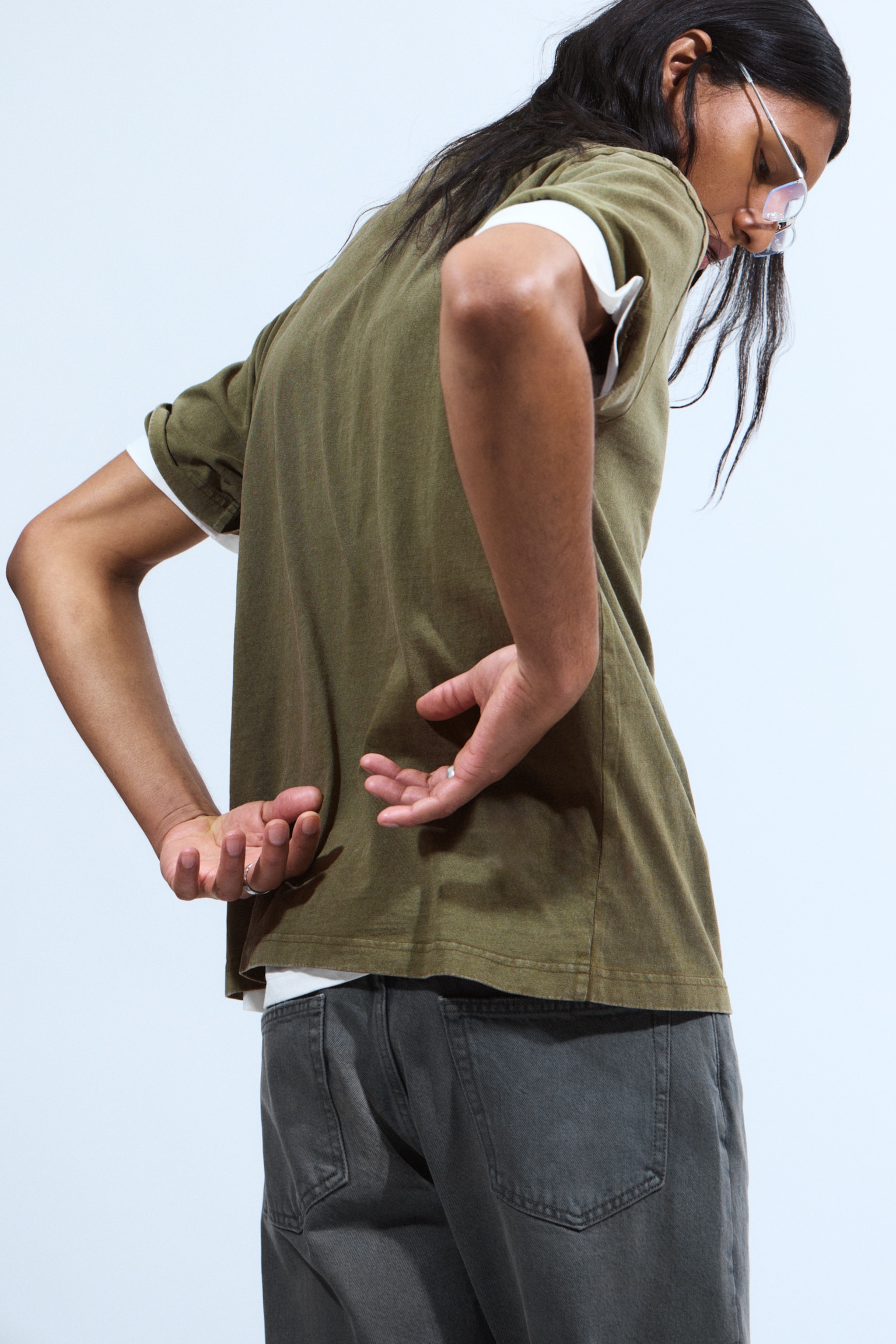 Relaxed Fit Short-Sleeved Cotton T-shirt - Dark Green/White/Black/Navy Blue/Dusty Khaki Green/Light Blue/Grey Melange - 3