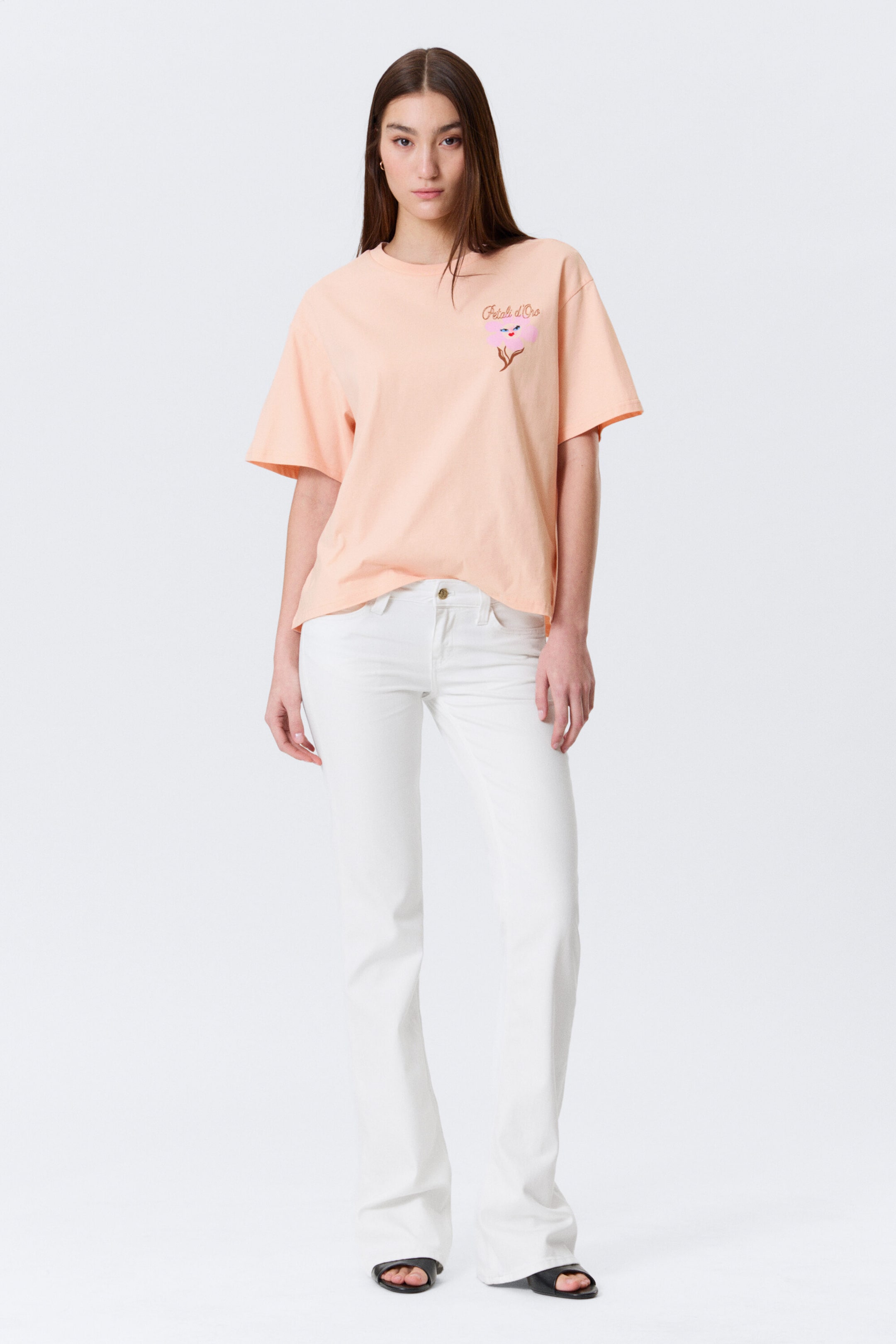 Light Orange - Pink Flower - Printed Boxy T-shirt - 1