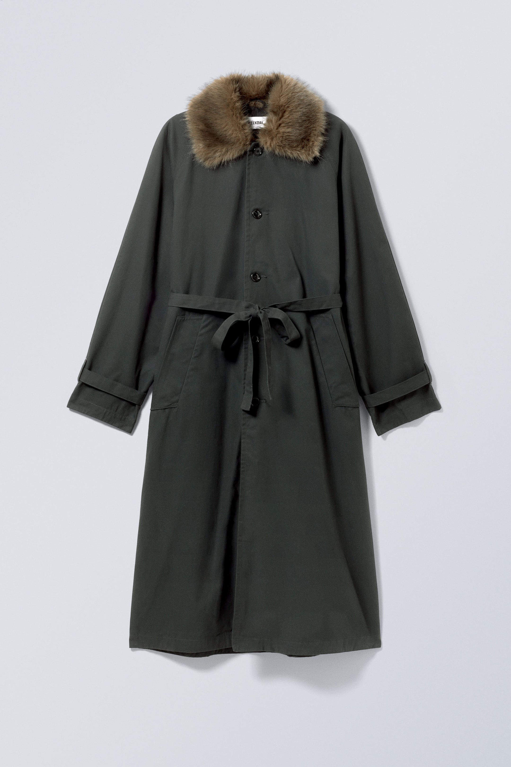 Dark Grey - Oversized Faux Fur Collar Trench Coat - 1
