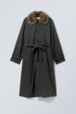 Dark Grey - Oversized Faux Fur Collar Trench Coat - 0