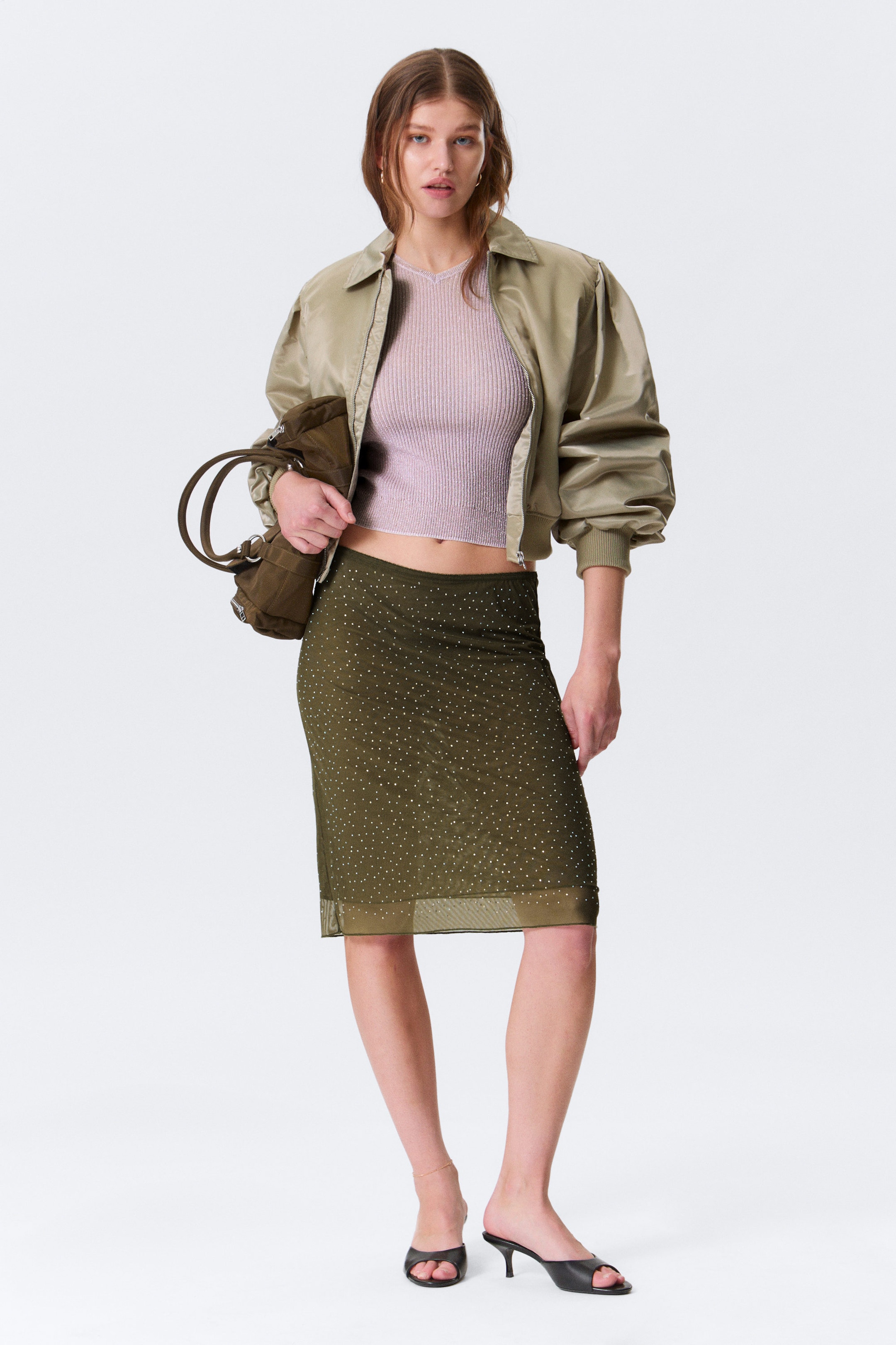 Khaki Green - Rhinestones - YULIA B MESH RHINESTONE MIDI SKIRT - 1