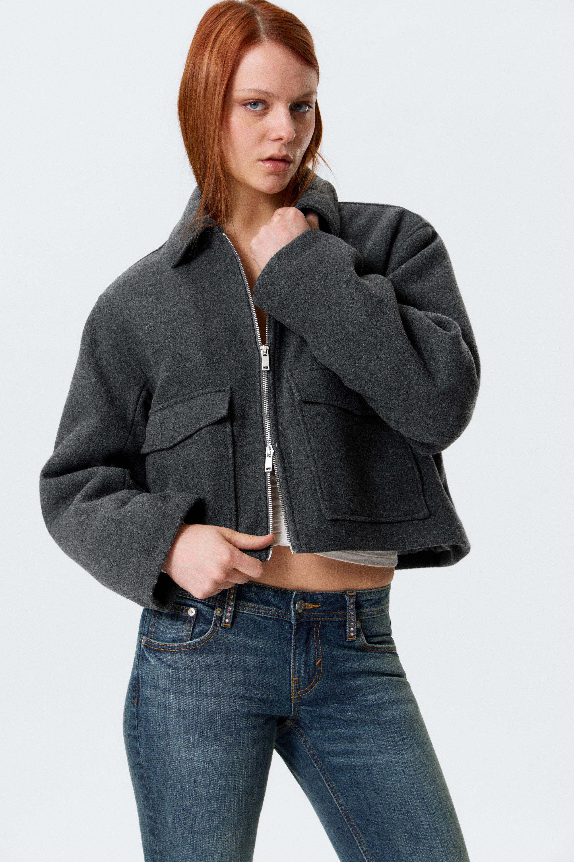 cropped boxy zip jacket - Dark Grey Melange | Monki GB
