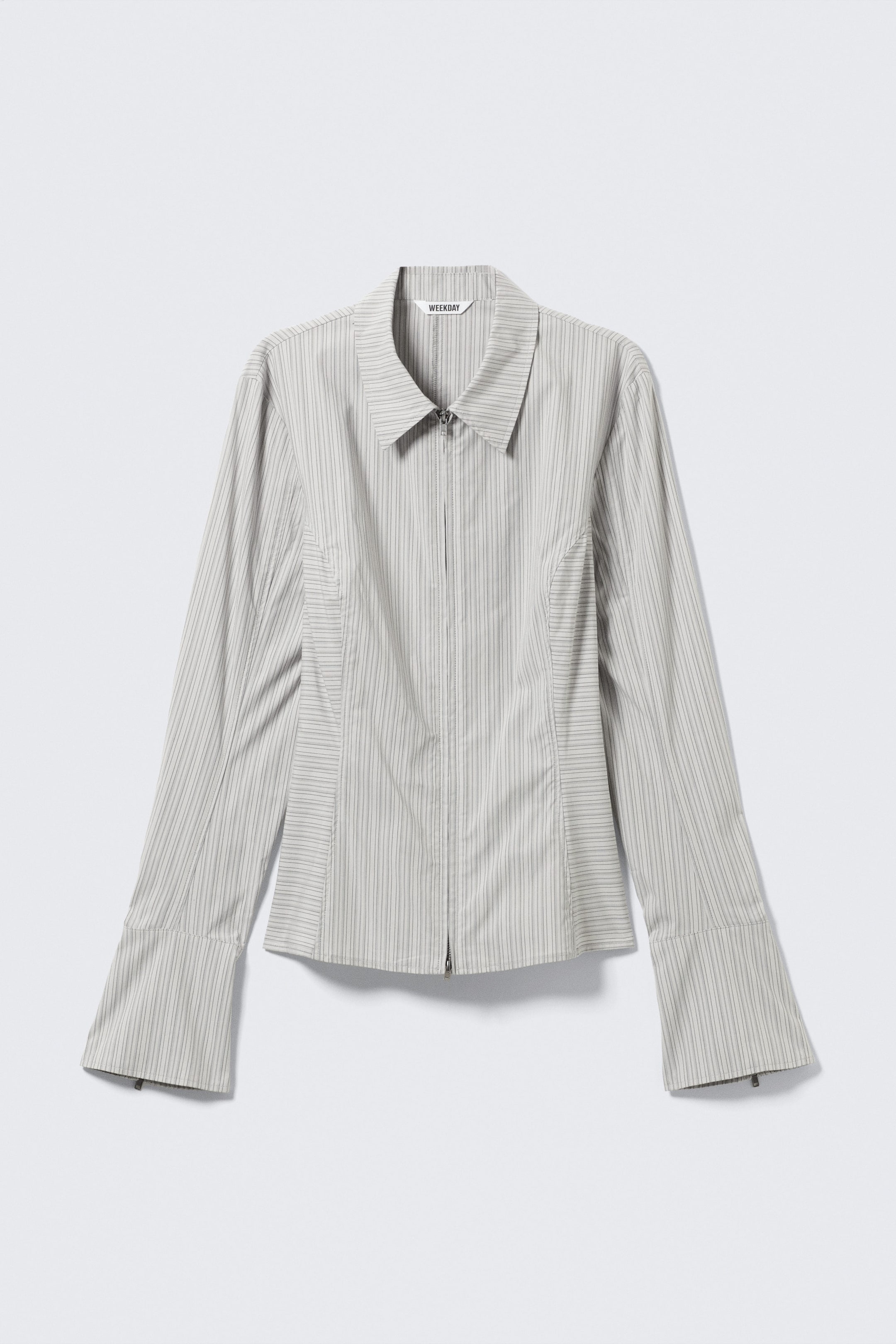 Light Grey Stripe - Long-Sleeved Fitted Zip Shirt - 1