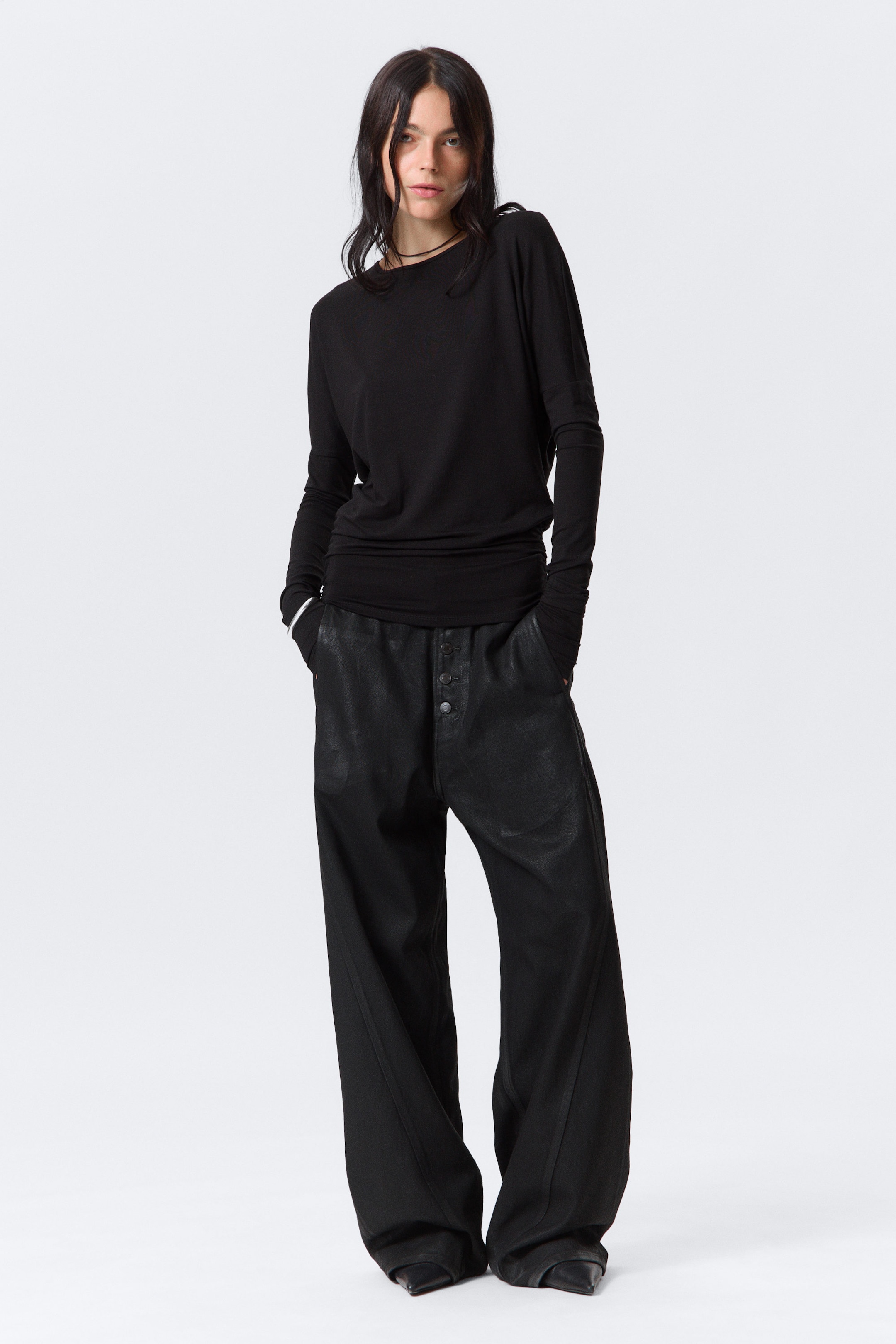 Black - Long-Sleeved Open Back Top - 1