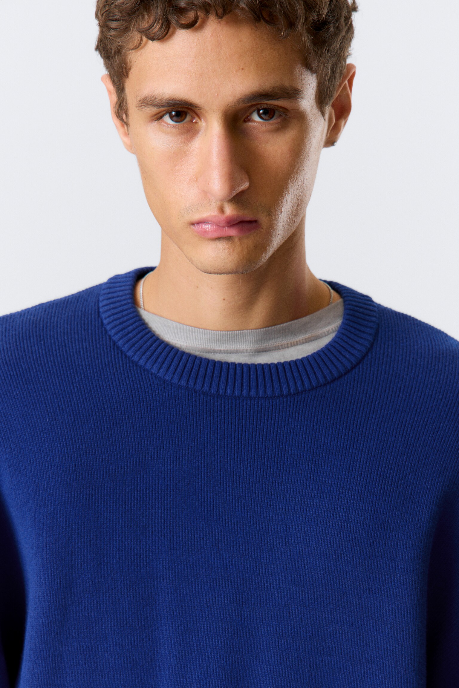 Boxy Knitted Cotton Sweater - Bright Blue/Dark Brown/Dark Navy Blue - 6