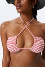 Rote Multi-Streifen - Bedrucktes, gerafftes Neckholder-Bandeau-Bikini-Top - 1